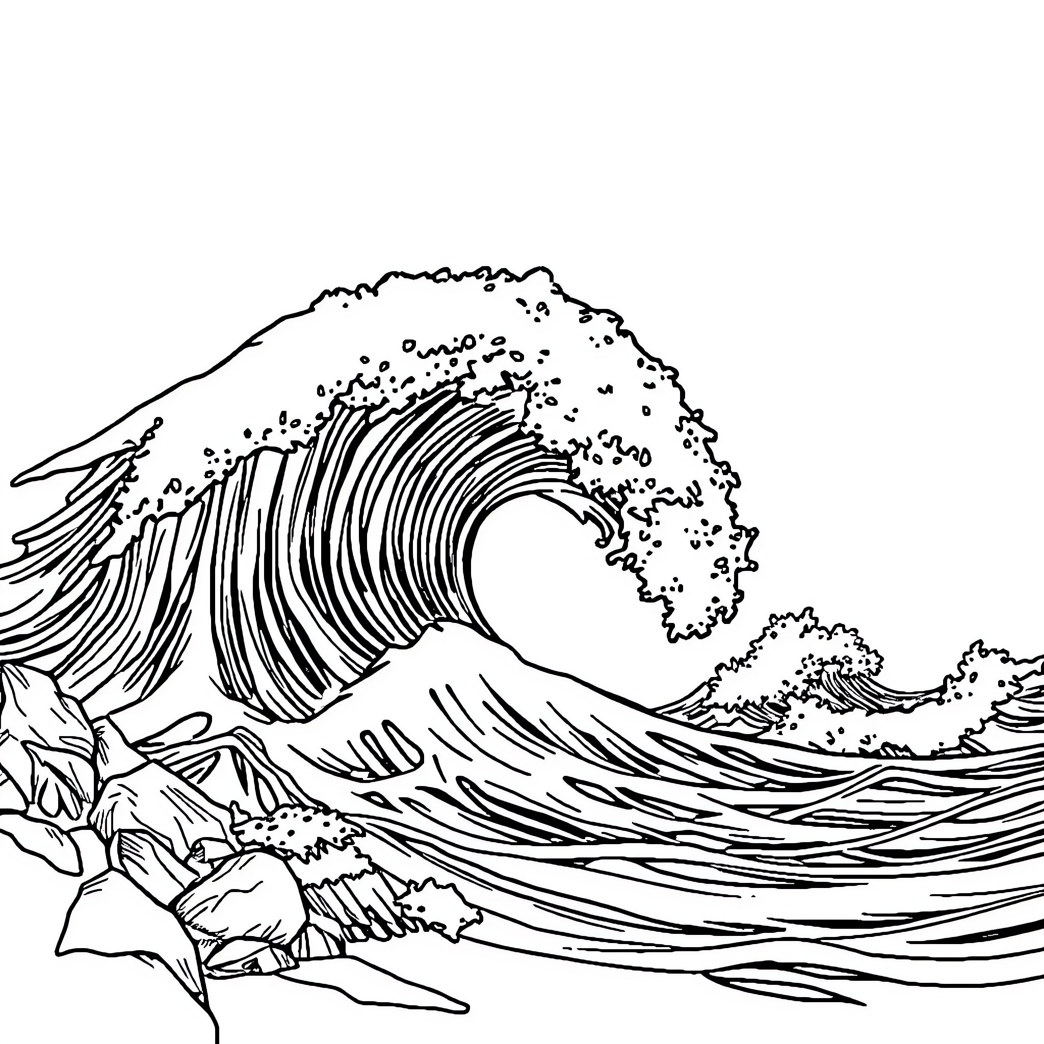 Tsunami crashing against rugged coastline Coloring Page (free black-and-white line drawing printable PDF for all, from beginners to advanced learners, including children, teens, adults, and seniors)