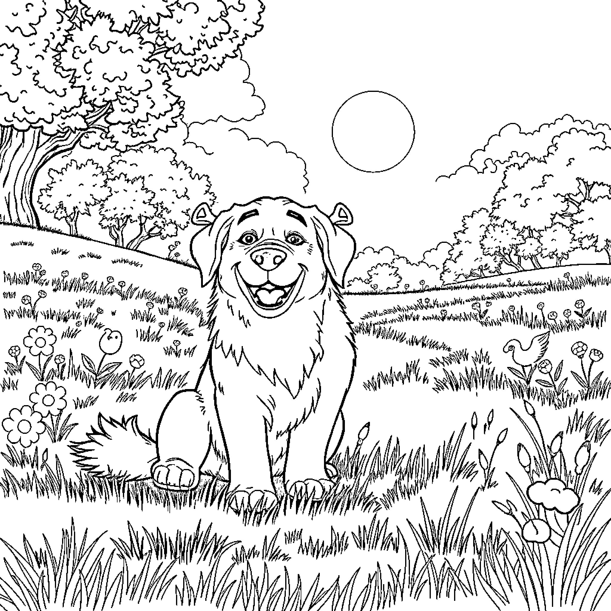 Golden Retriever enjoying nature in the meadow Coloring Page (free black-and-white line drawing printable PDF for all, from beginners to advanced learners, including children, teens, adults, and seniors)