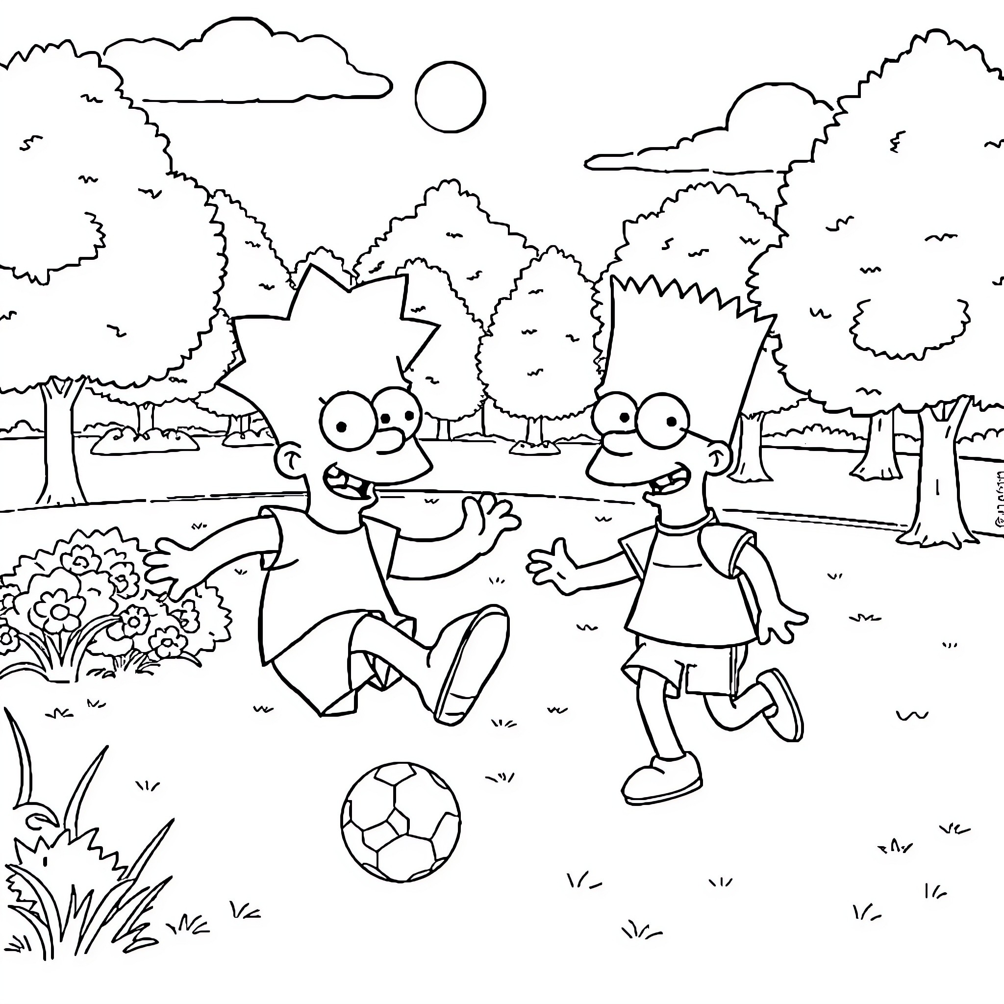 Bob esponja playing soccer with friends in the park Coloring Page (free black-and-white line drawing printable PDF for all, from beginners to advanced learners, including children, teens, adults, and seniors)