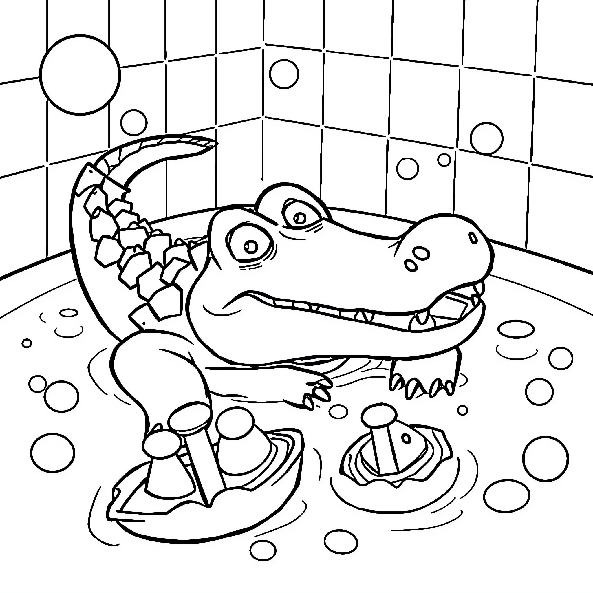 Crocodile relaxing in the bathtub Coloring Page (free black-and-white line drawing printable PDF for all, from beginners to advanced learners, including children, teens, adults, and seniors)
