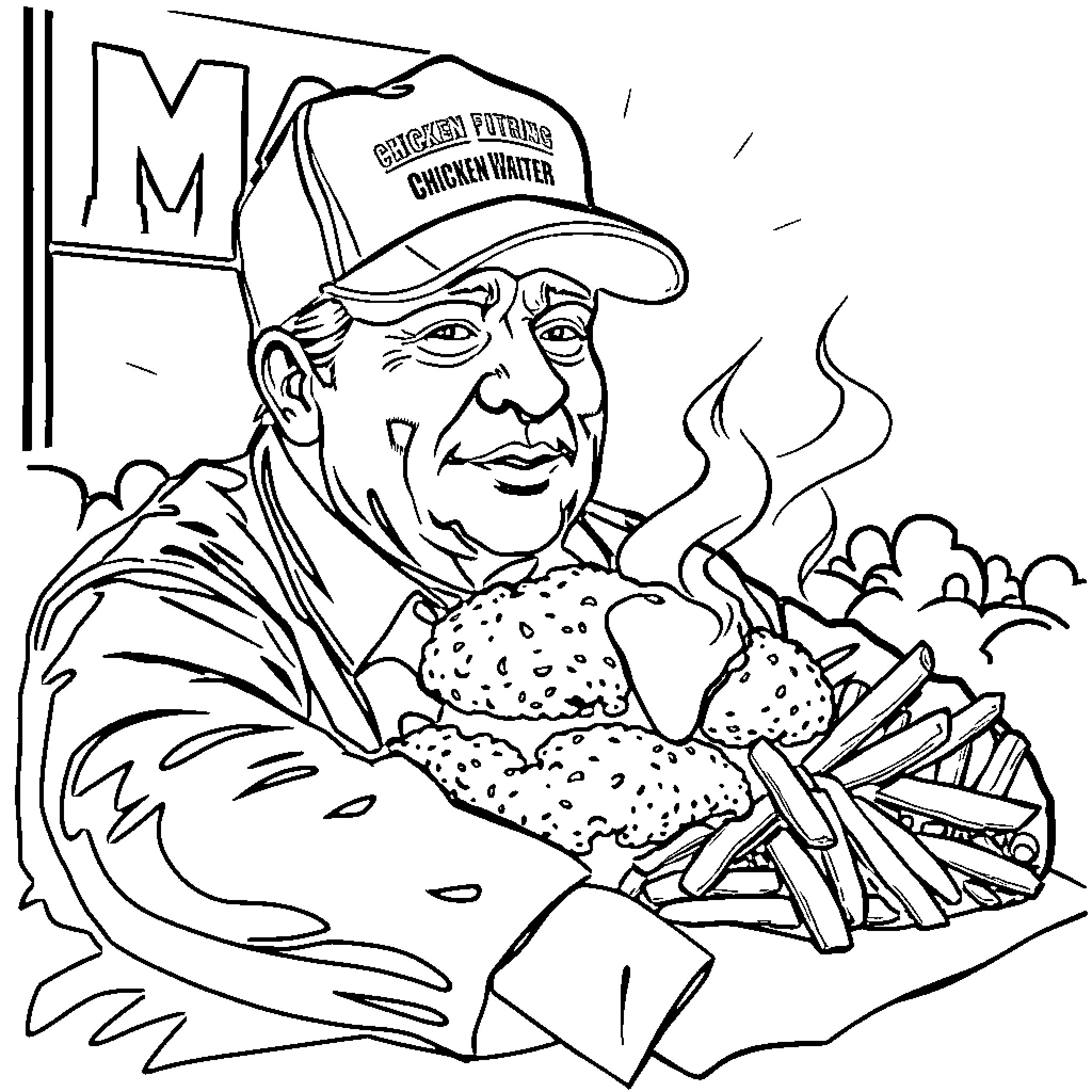 Chicken Frying Champion Serves Delicious Meal Coloring Page (free black-and-white line drawing printable PDF for all, from beginners to advanced learners, including children, teens, adults, and seniors)