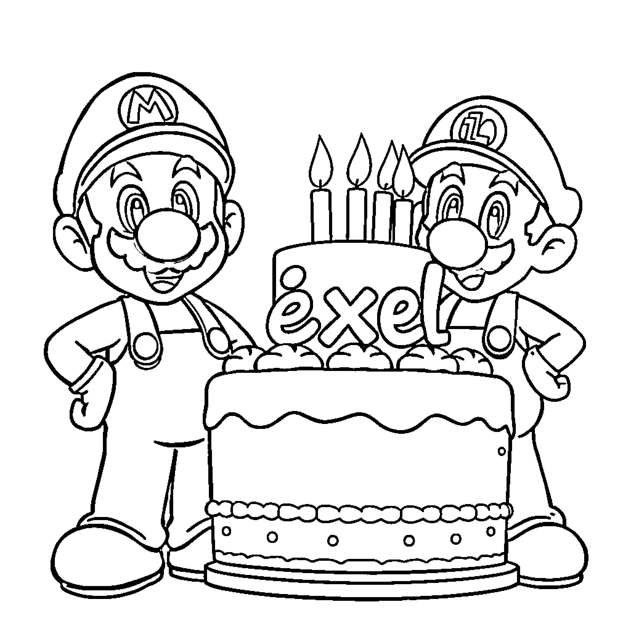 Mario and Luigi celebrating with birthday cake Coloring Page (free black-and-white line drawing printable PDF for all, from beginners to advanced learners, including children, teens, adults, and seniors)