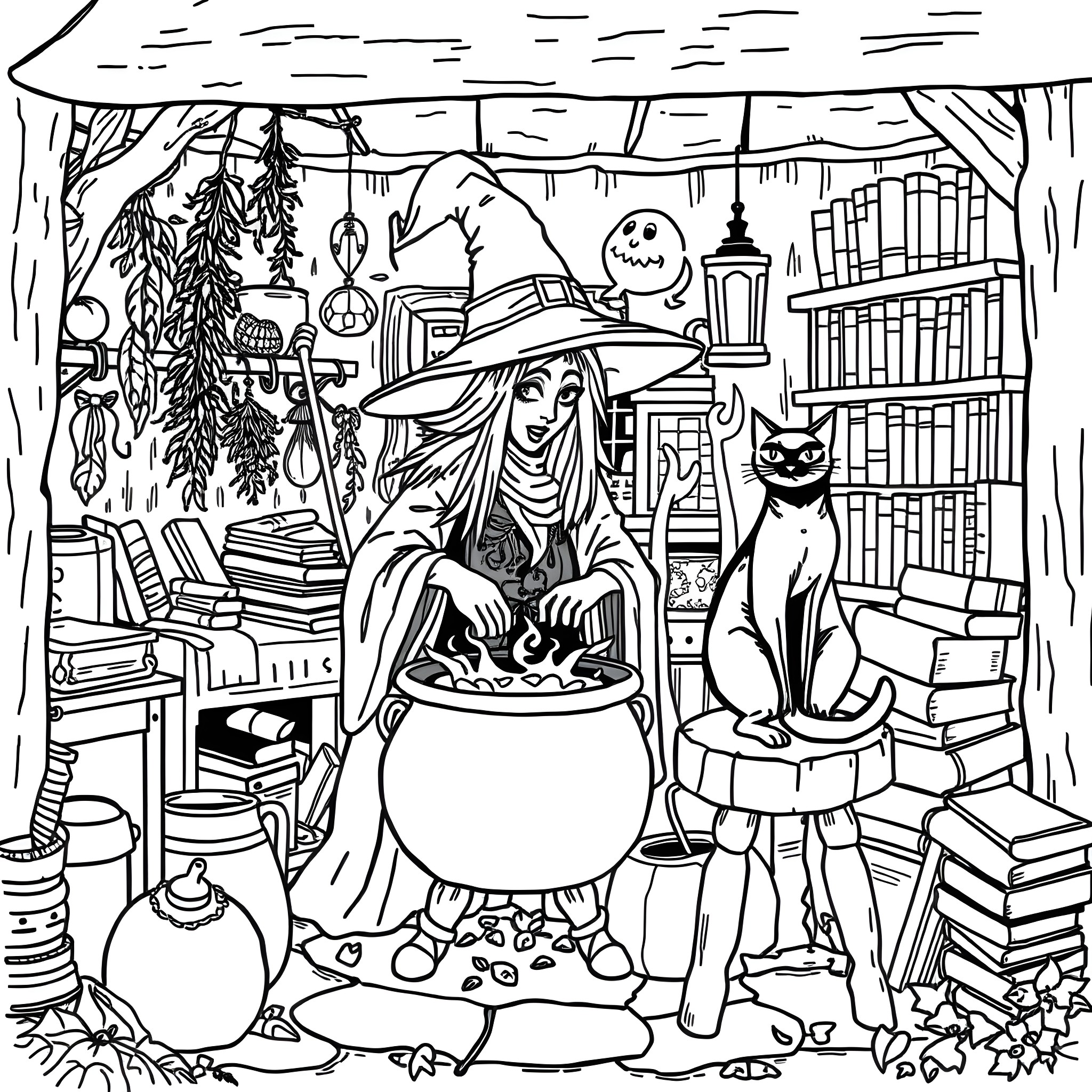 Witch's Cozy Cottage Concoctions Coloring Page (free black-and-white line drawing printable PDF for all, from beginners to advanced learners, including children, teens, adults, and seniors)