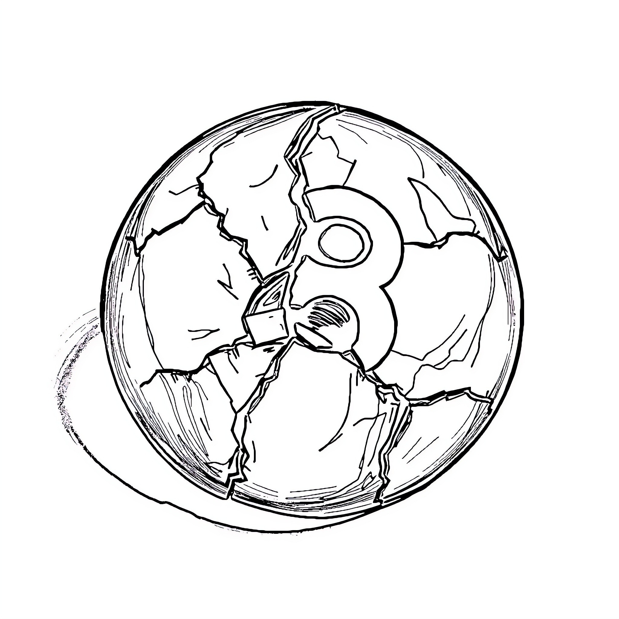 8 Ball Cracked and Broken in Two Halves Coloring Page (free black-and-white line drawing printable PDF for all, from beginners to advanced learners, including children, teens, adults, and seniors)