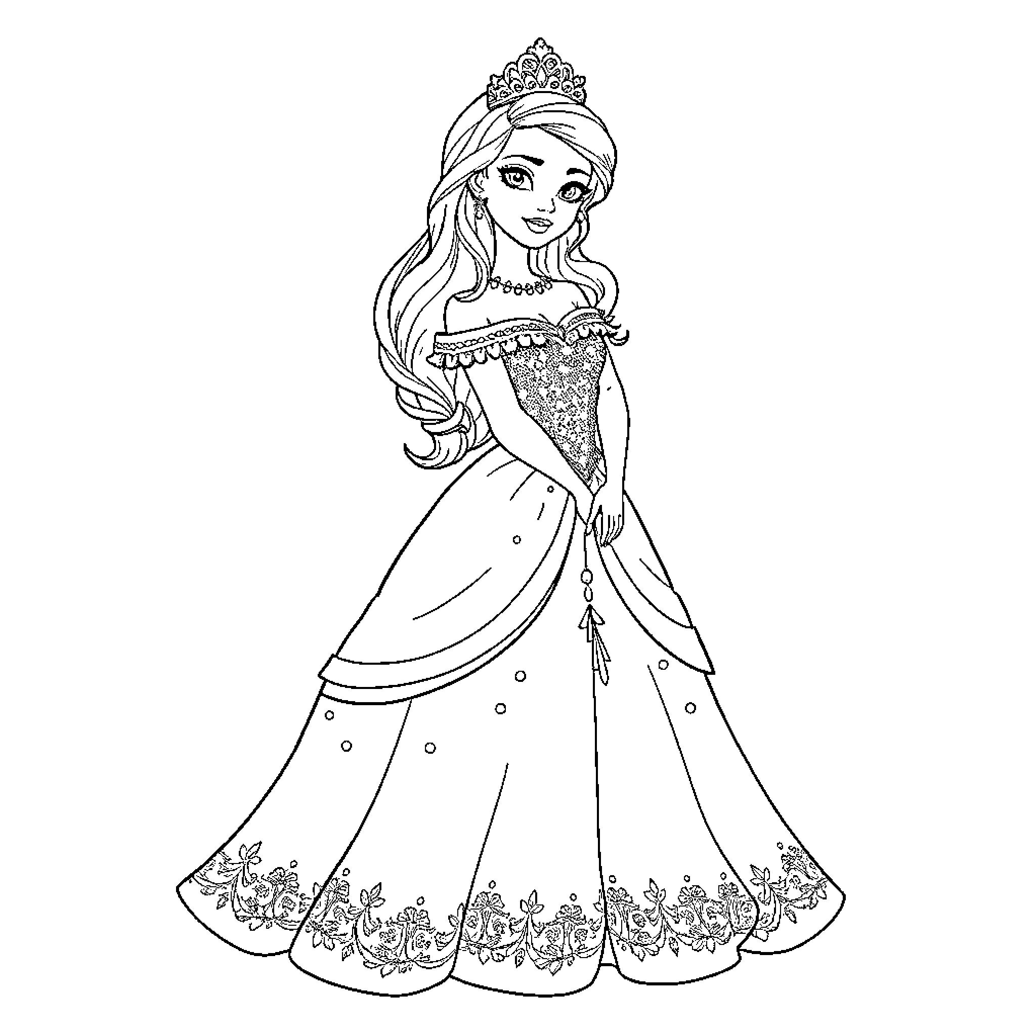 Princess in a Sparkly Gown with Floral Embellishments Coloring Page (free black-and-white line drawing printable PDF for all, from beginners to advanced learners, including children, teens, adults, and seniors)