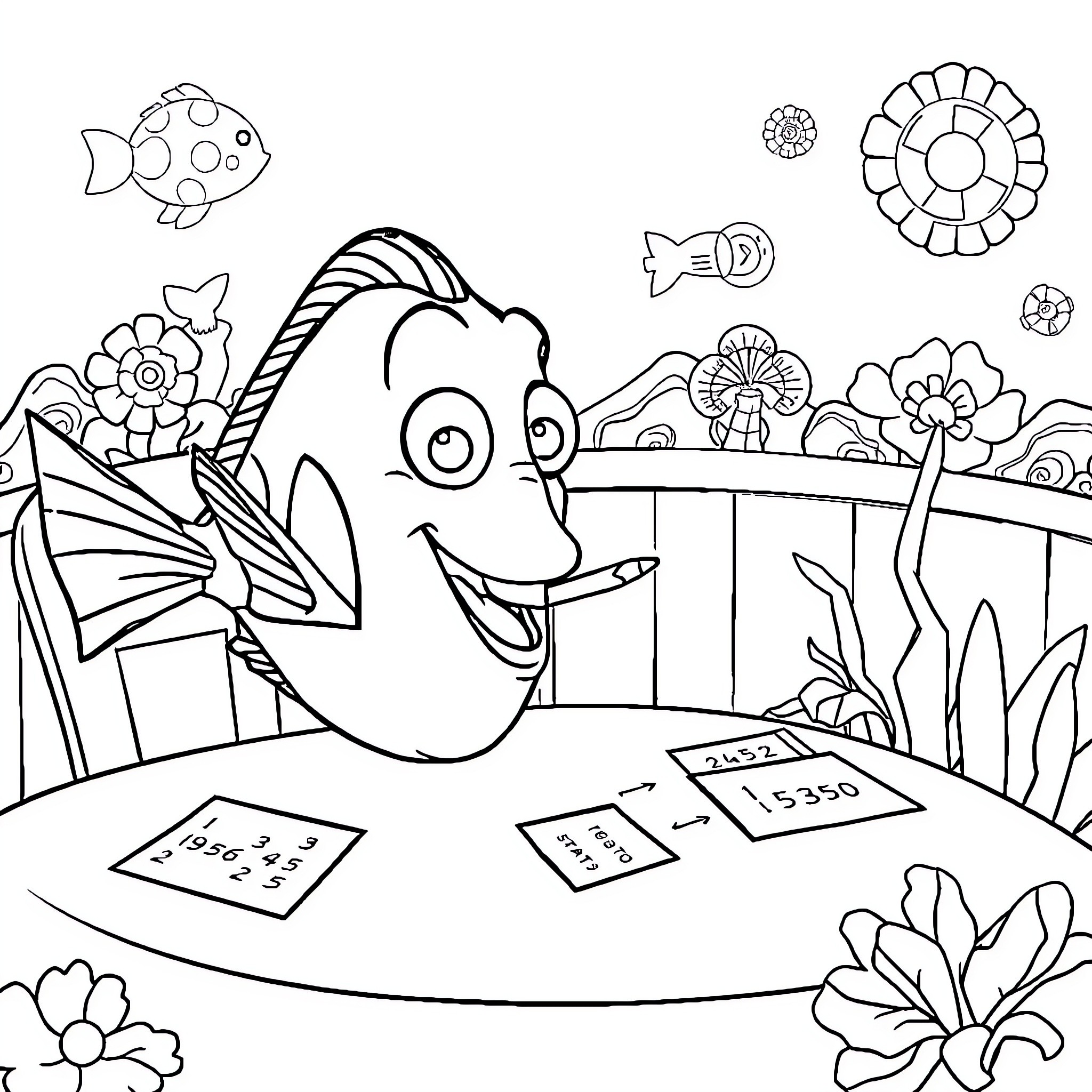 Dory's Underwater Math Adventure Coloring Page (free black-and-white line drawing printable PDF for all, from beginners to advanced learners, including children, teens, adults, and seniors)