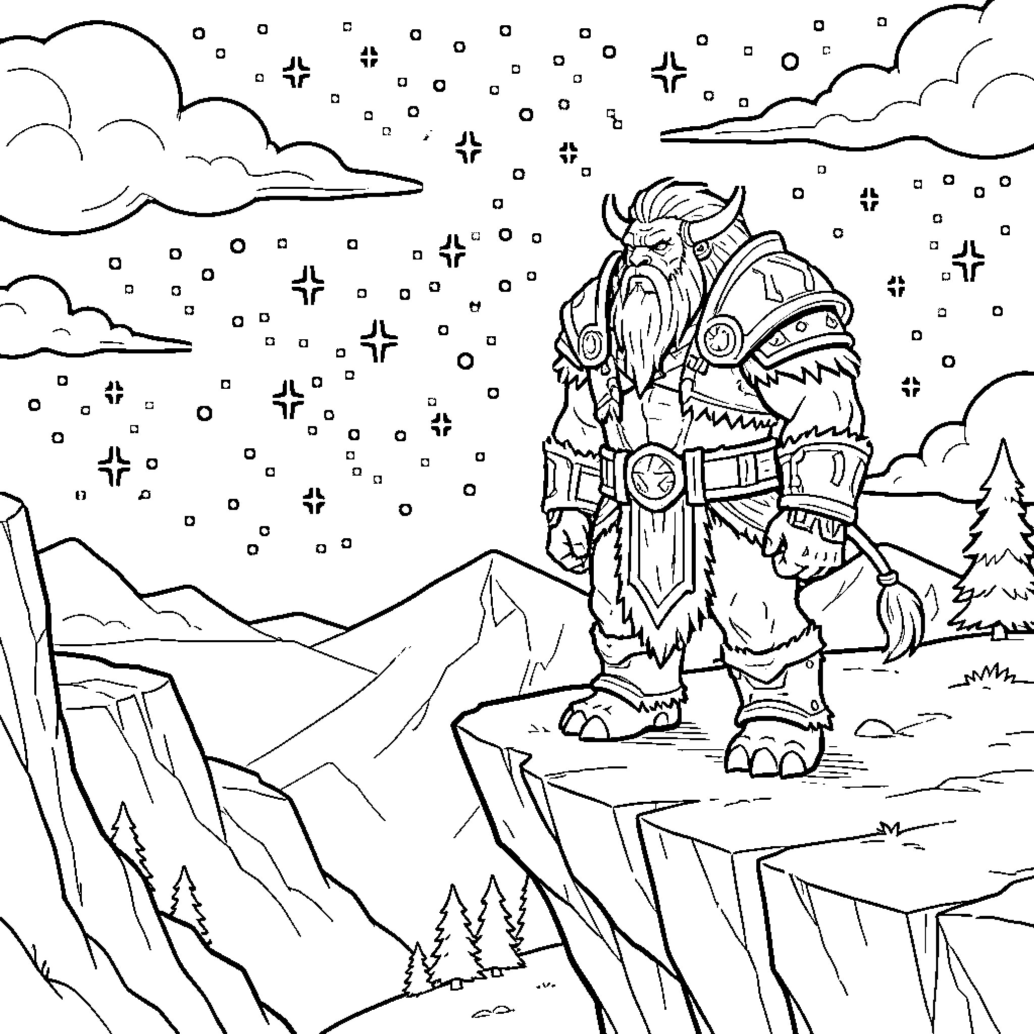 Tauren warrior standing atop a snowy cliff Coloring Page (free black-and-white line drawing printable PDF for all, from beginners to advanced learners, including children, teens, adults, and seniors)