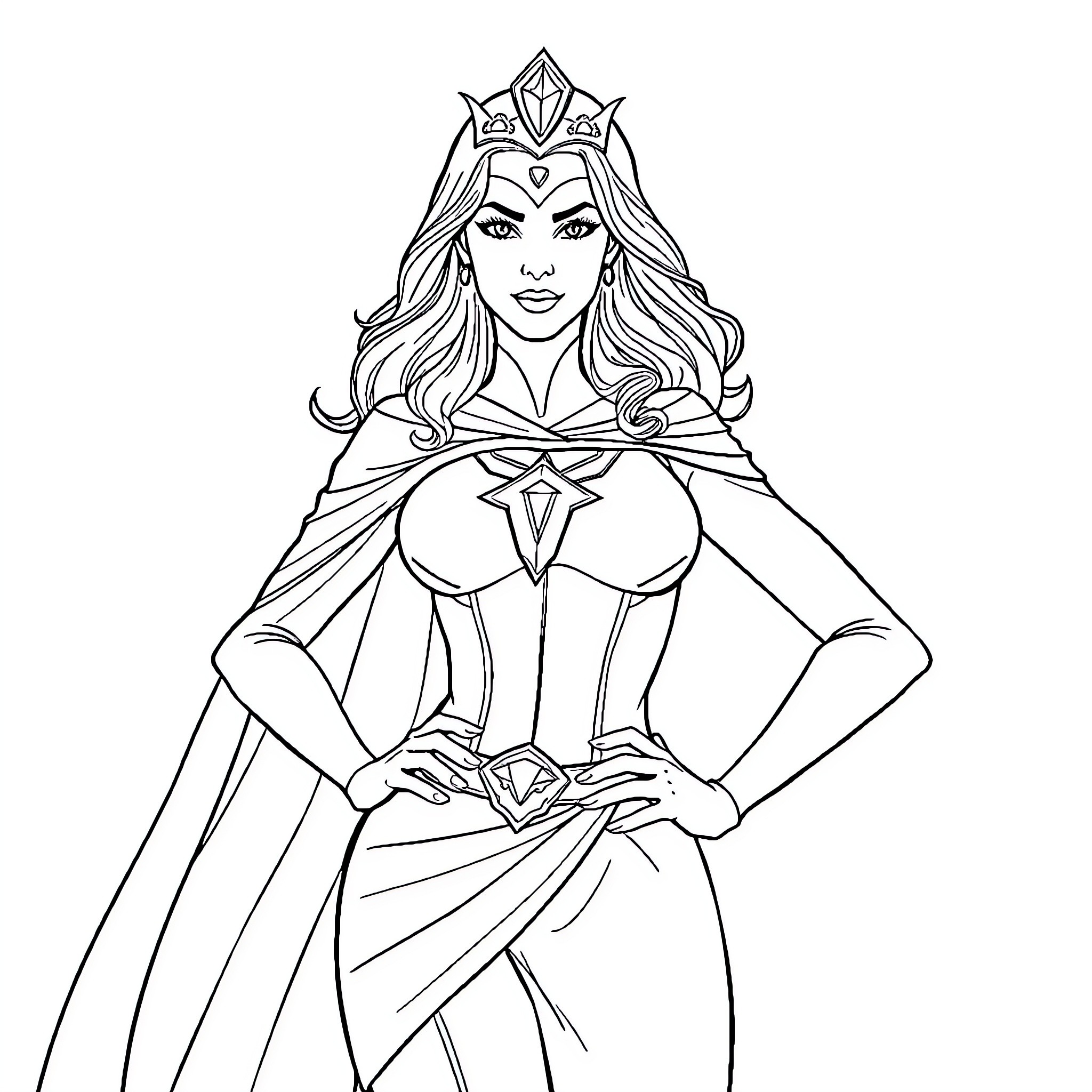 Wonder Woman in Heroic Pose with Regal Attire Coloring Page (free black-and-white line drawing printable PDF for all, from beginners to advanced learners, including children, teens, adults, and seniors)