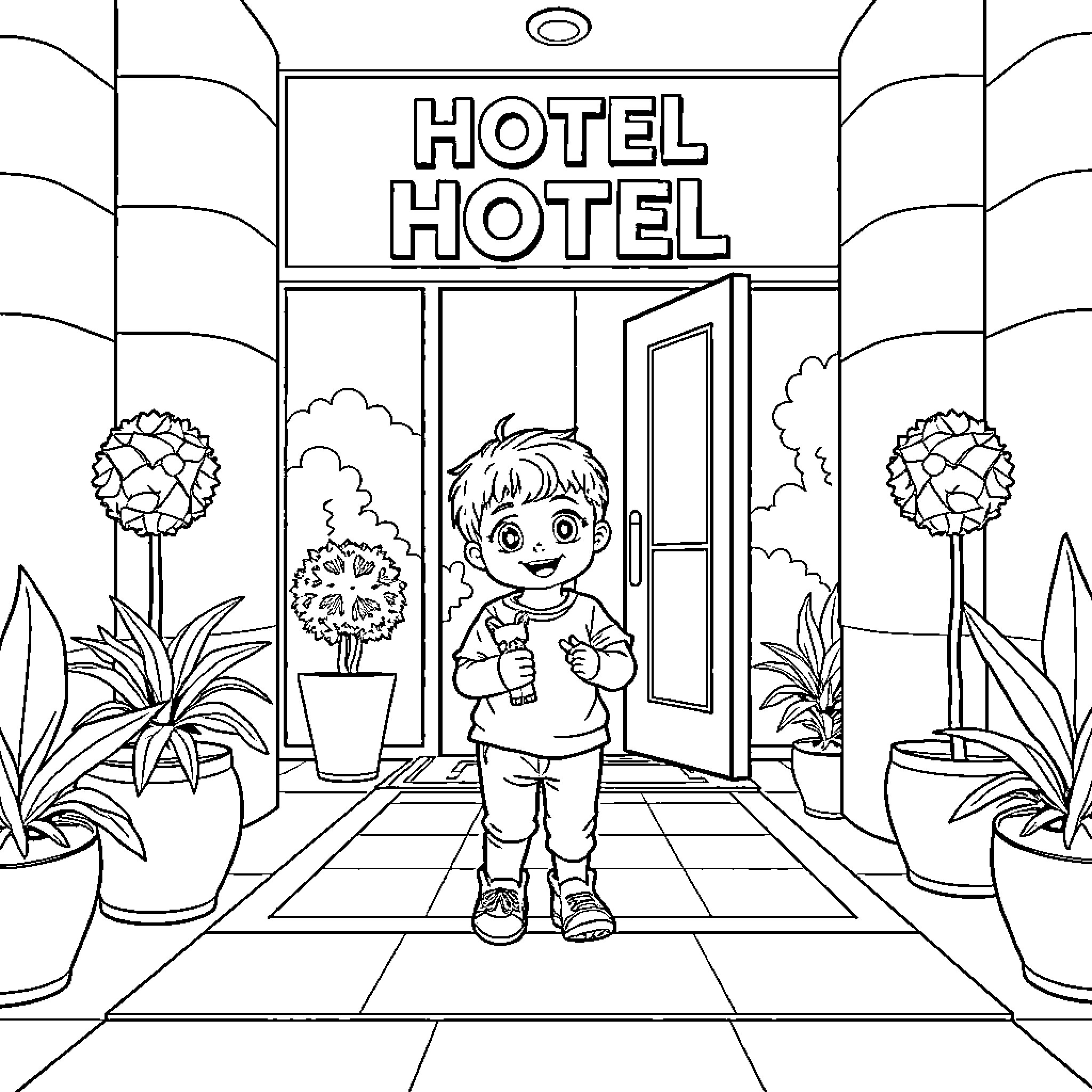 Child standing in front of hotel entrance Coloring Page (free black-and-white line drawing printable PDF for all, from beginners to advanced learners, including children, teens, adults, and seniors)