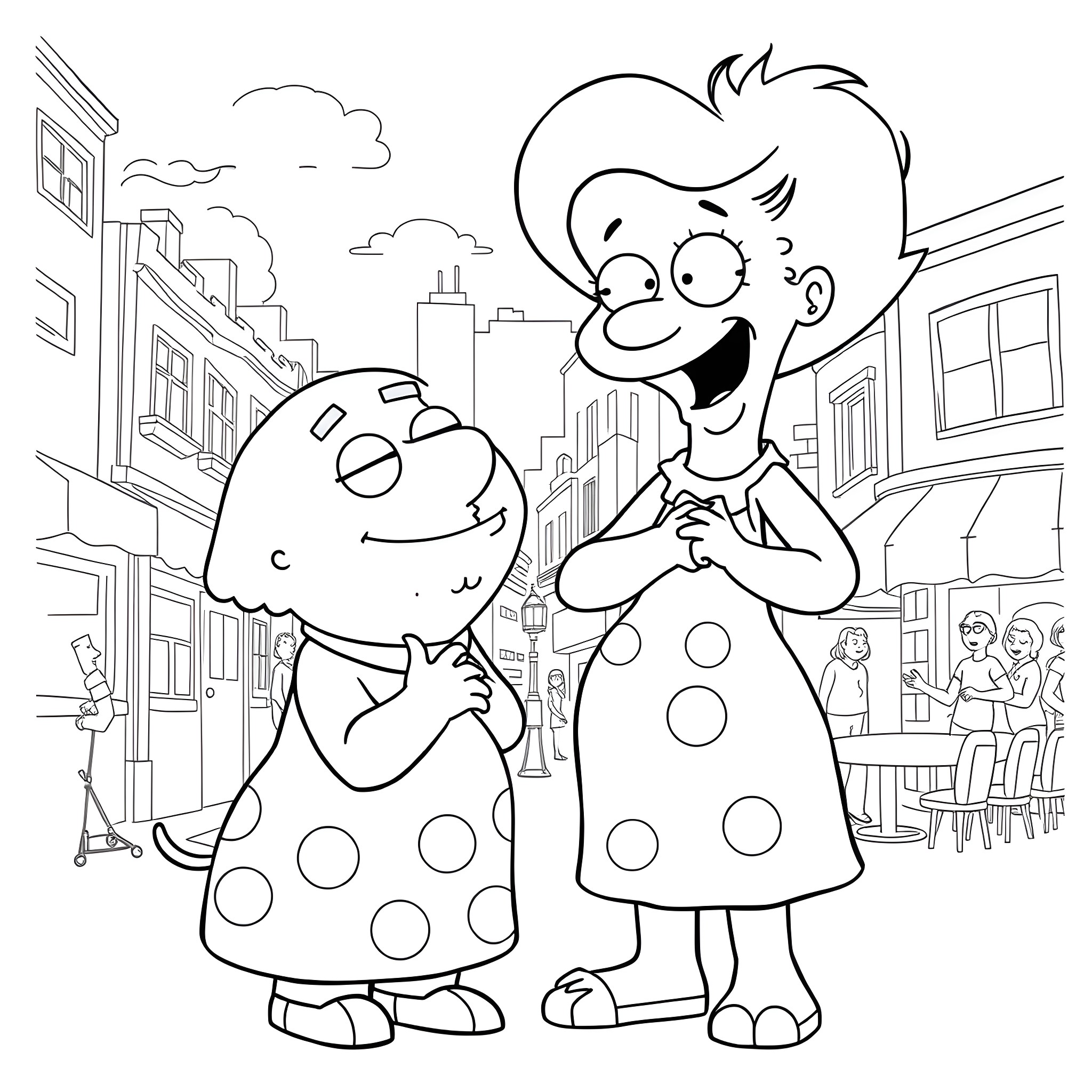 Lois and Quagmire Have Fun in the City Coloring Page (free black-and-white line drawing printable PDF for all, from beginners to advanced learners, including children, teens, adults, and seniors)