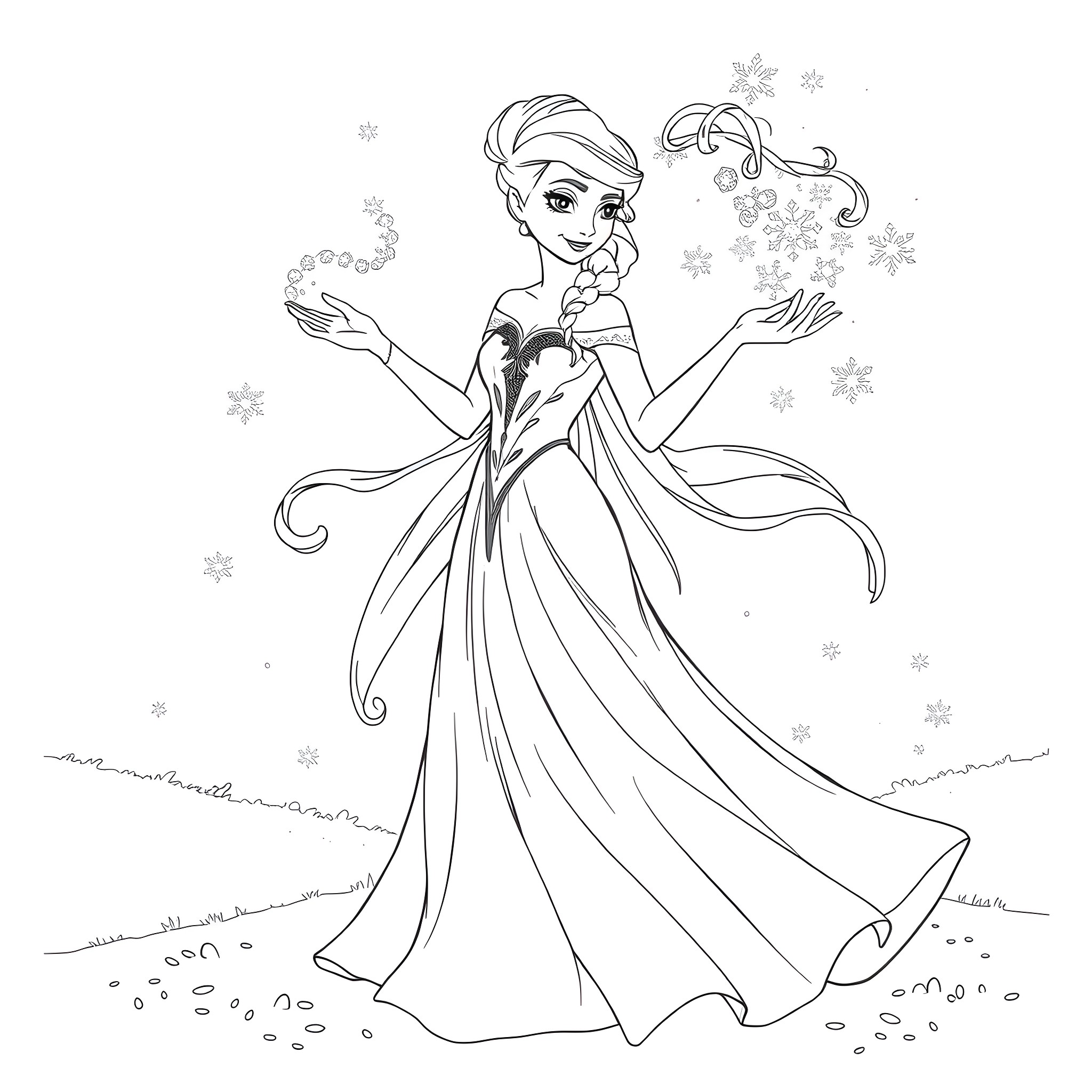 Elsa's Elegant Winter Dance Coloring Page (free black-and-white line drawing printable PDF for all, from beginners to advanced learners, including children, teens, adults, and seniors)