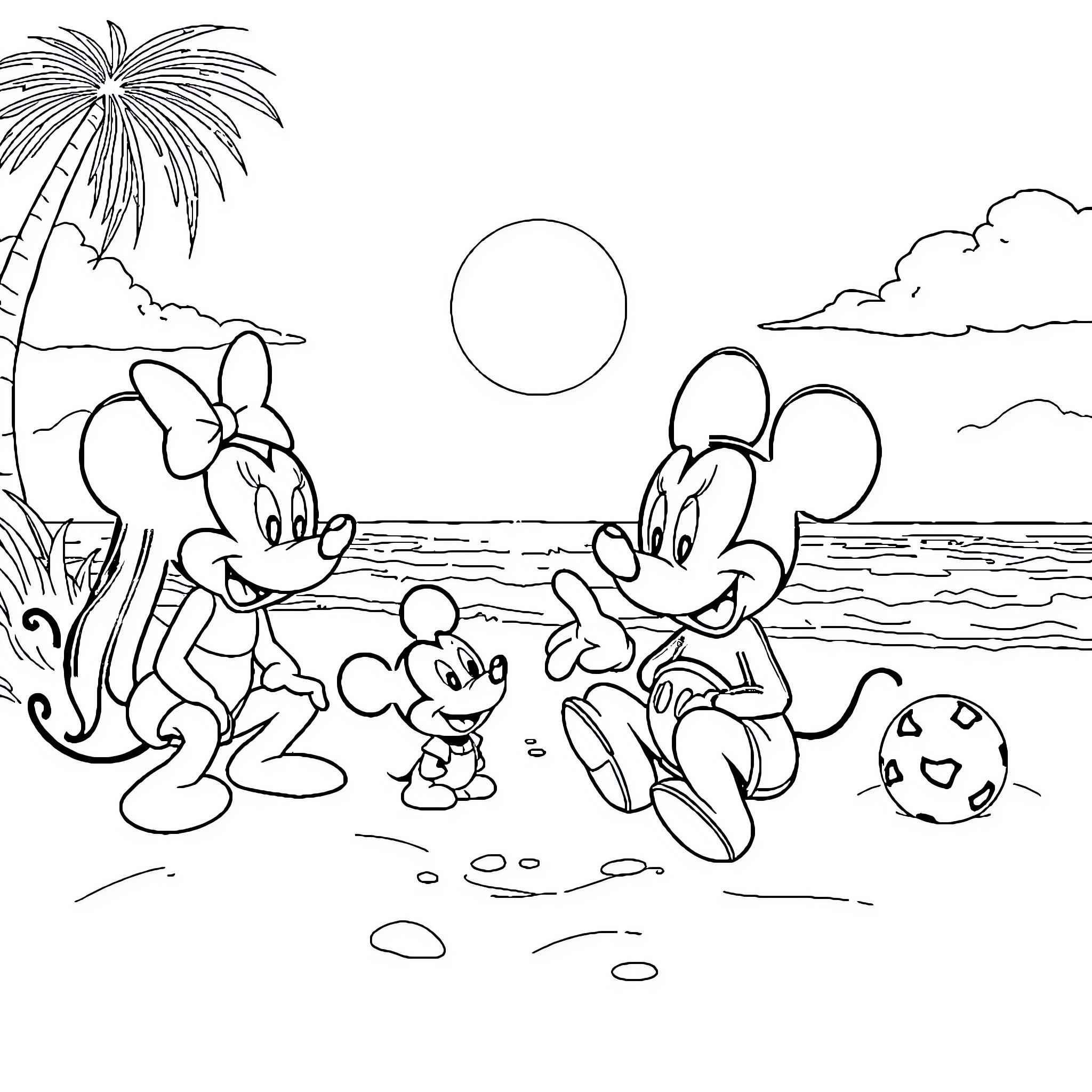 Disney Characters Enjoying a Beach Day Coloring Page (free black-and-white line drawing printable PDF for all, from beginners to advanced learners, including children, teens, adults, and seniors)