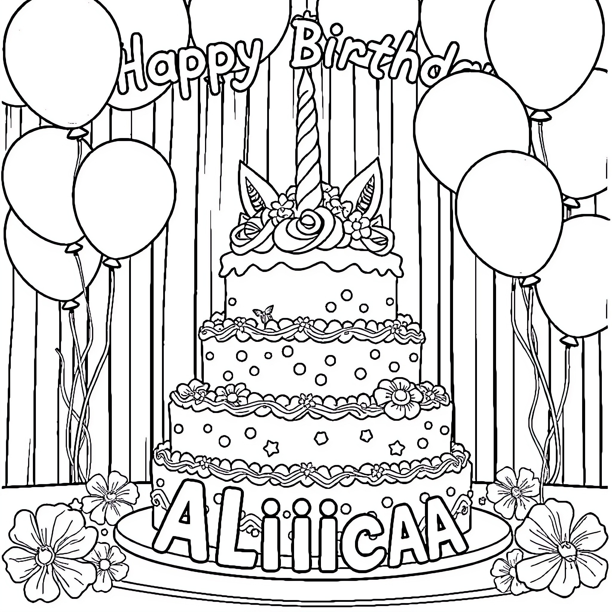 Unicorn's Happy Birthday Celebration with Cake and Balloons Coloring Page (free black-and-white line drawing printable PDF for all, from beginners to advanced learners, including children, teens, adults, and seniors)