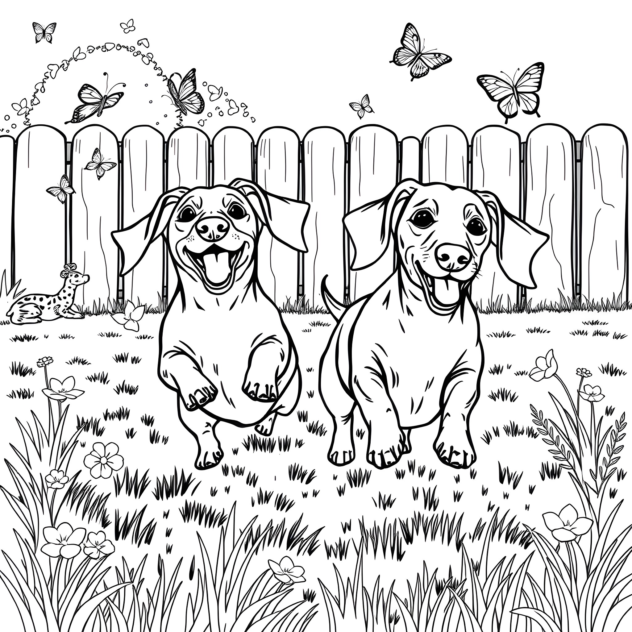 Dachshund friends playing in a flower-filled garden Coloring Page (free black-and-white line drawing printable PDF for all, from beginners to advanced learners, including children, teens, adults, and seniors)