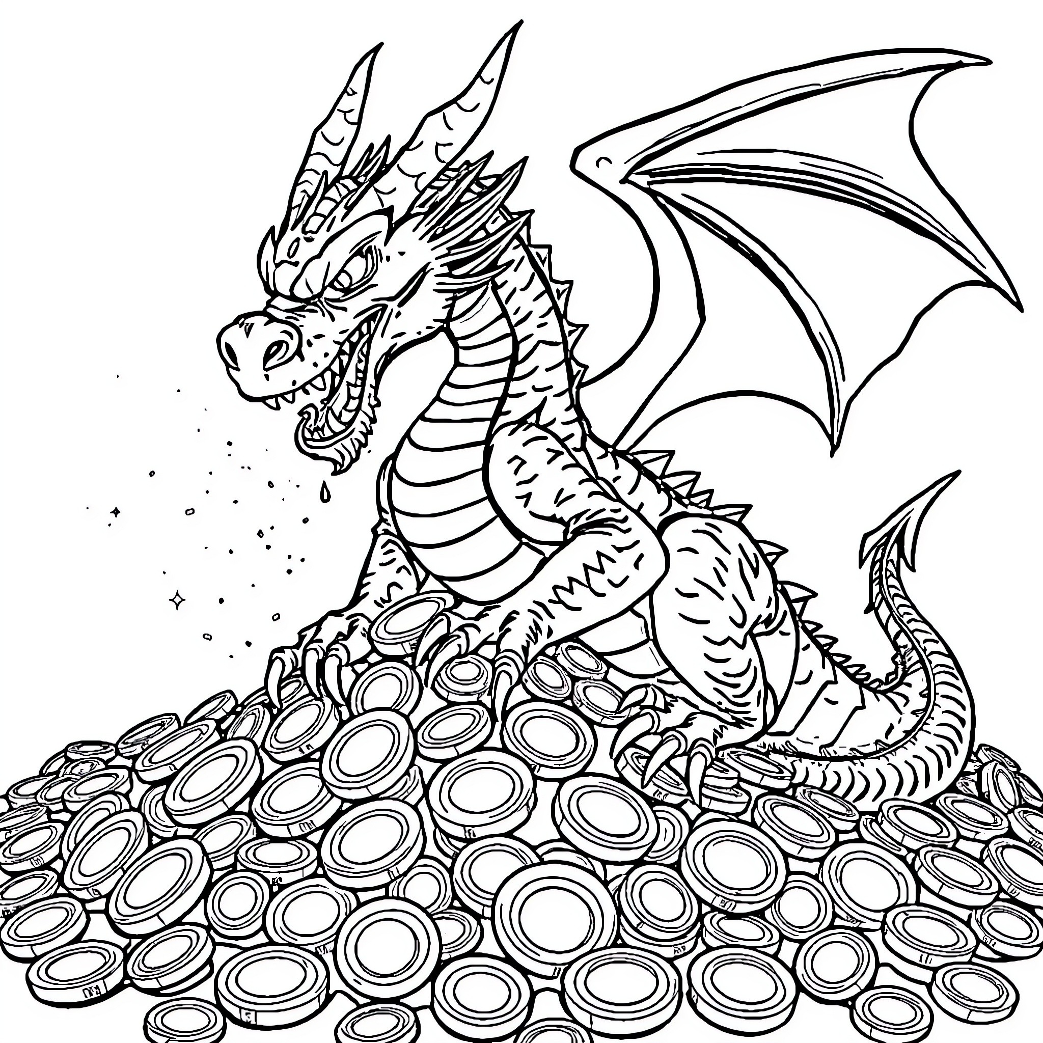 Dragon Guarding a Hoard of Treasure Coloring Page (free black-and-white line drawing printable PDF for all, from beginners to advanced learners, including children, teens, adults, and seniors)