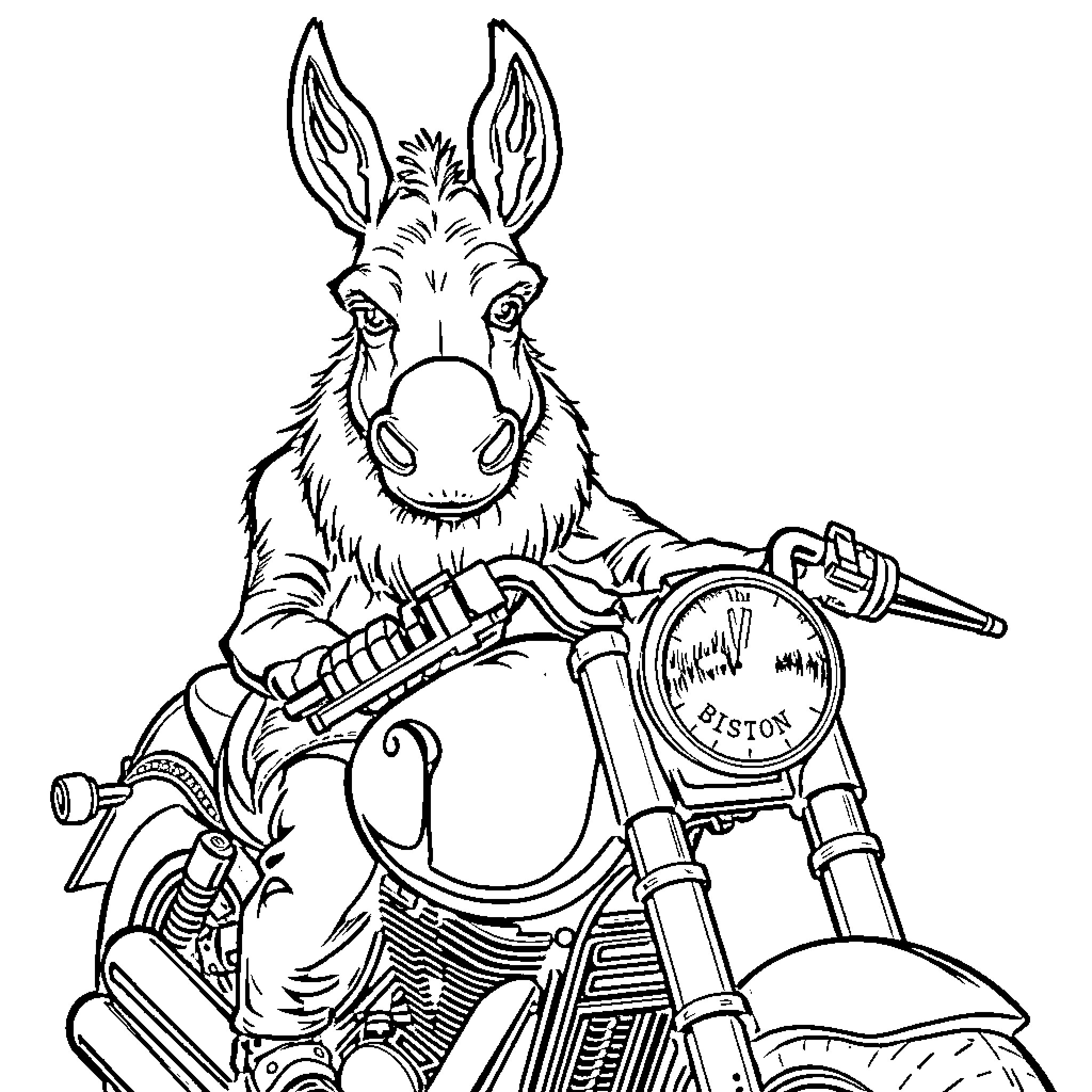Donkey riding a motorcycle with determination Coloring Page (free black-and-white line drawing printable PDF for all, from beginners to advanced learners, including children, teens, adults, and seniors)