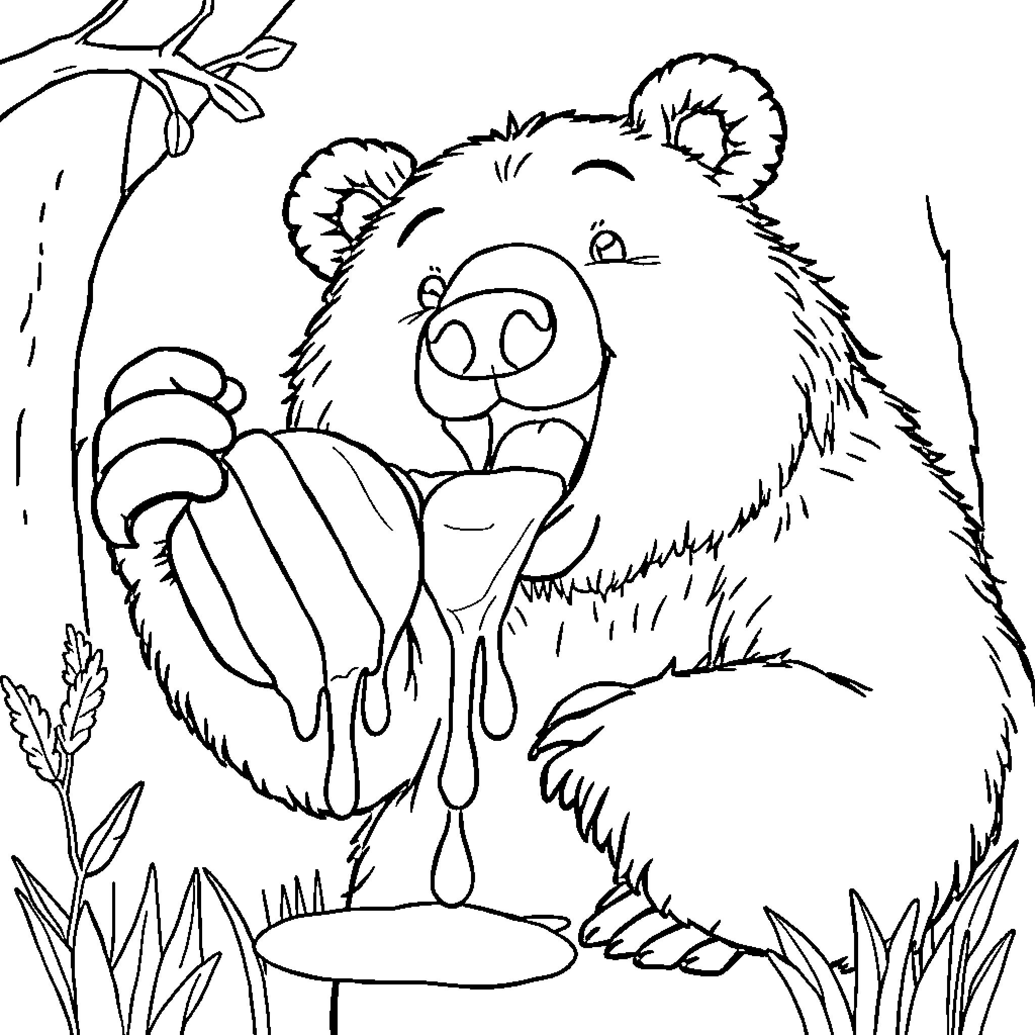 Bear enjoying a tasty honey treat in the wild Coloring Page (free black-and-white line drawing printable PDF for all, from beginners to advanced learners, including children, teens, adults, and seniors)