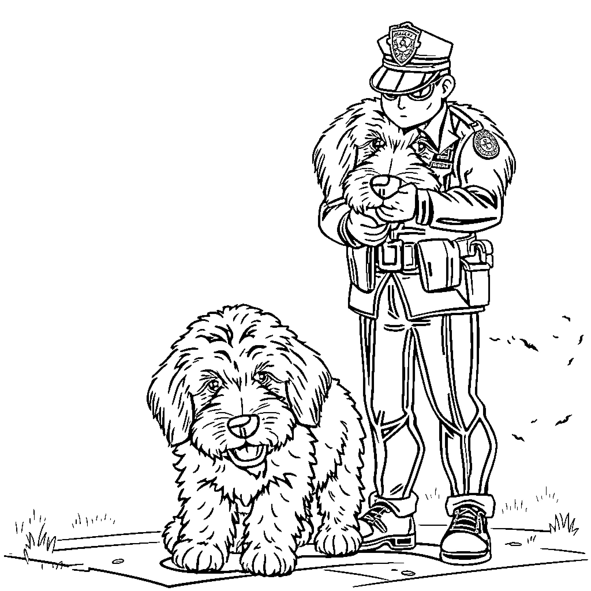 Agent Helps Friendly Pup on Patrol Coloring Page (free black-and-white line drawing printable PDF for all, from beginners to advanced learners, including children, teens, adults, and seniors)