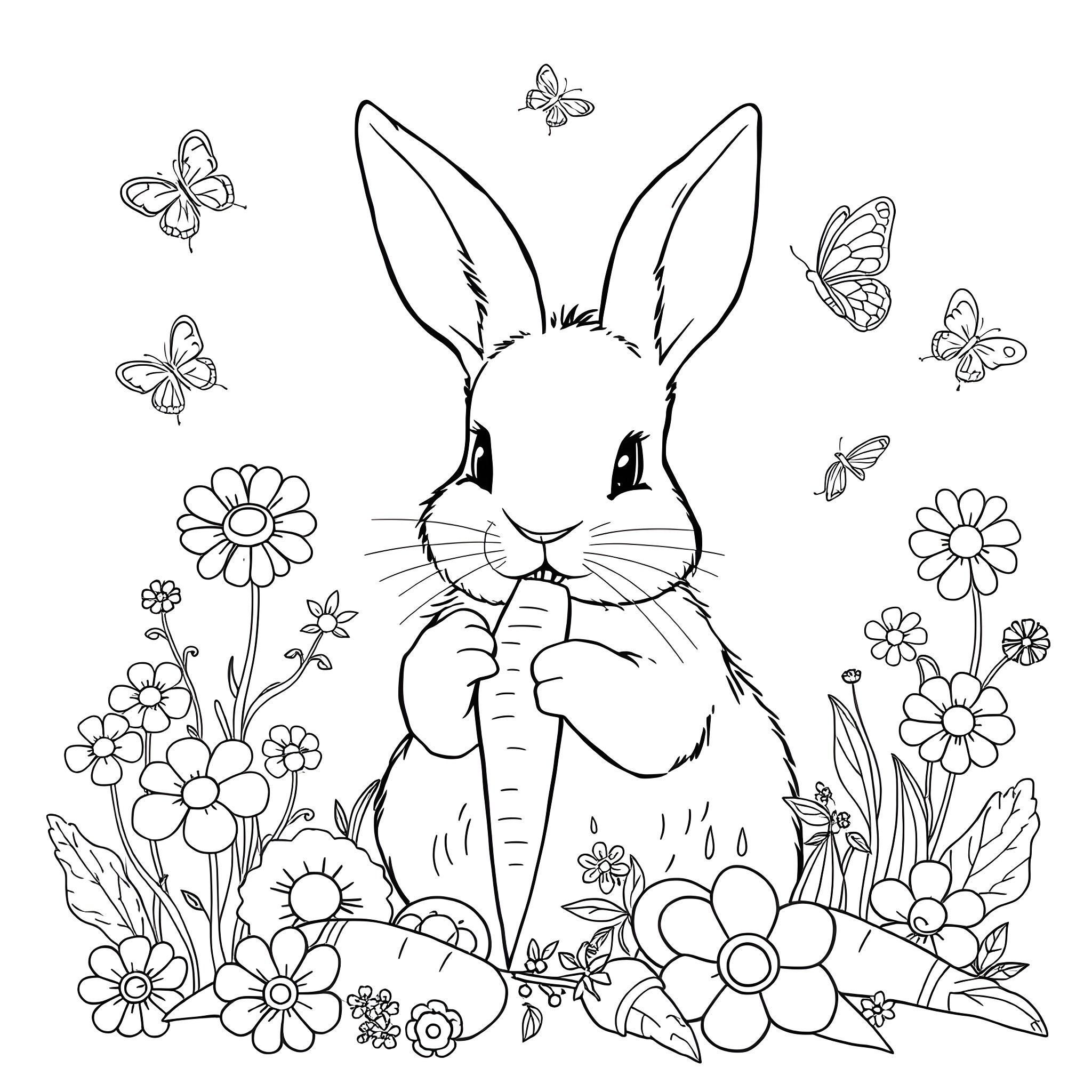 Rabbit surrounded by butterflies and flowers Coloring Page (free black-and-white line drawing printable PDF for all, from beginners to advanced learners, including children, teens, adults, and seniors)