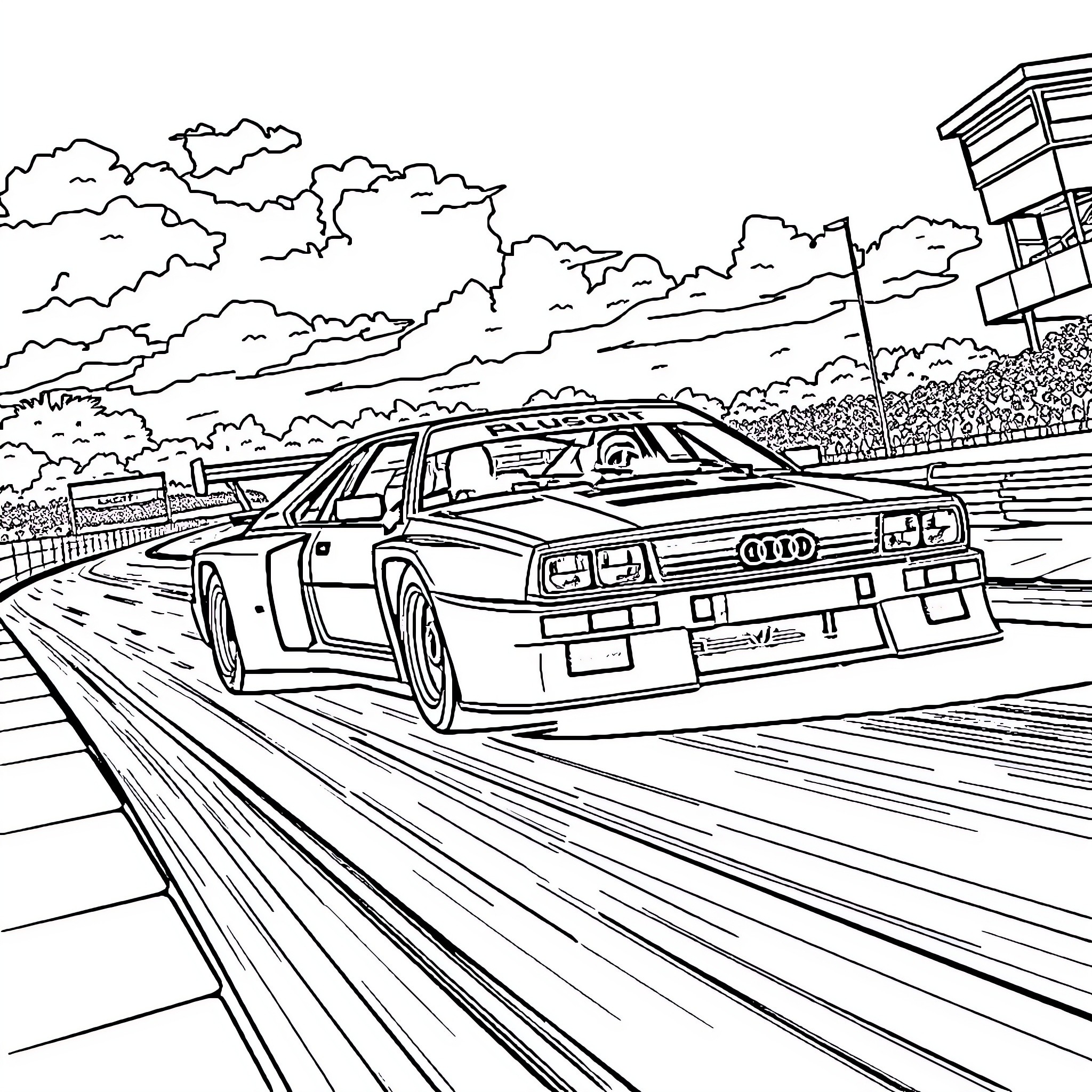 Audi racing car speeding on race track Coloring Page (free black-and-white line drawing printable PDF for all, from beginners to advanced learners, including children, teens, adults, and seniors)
