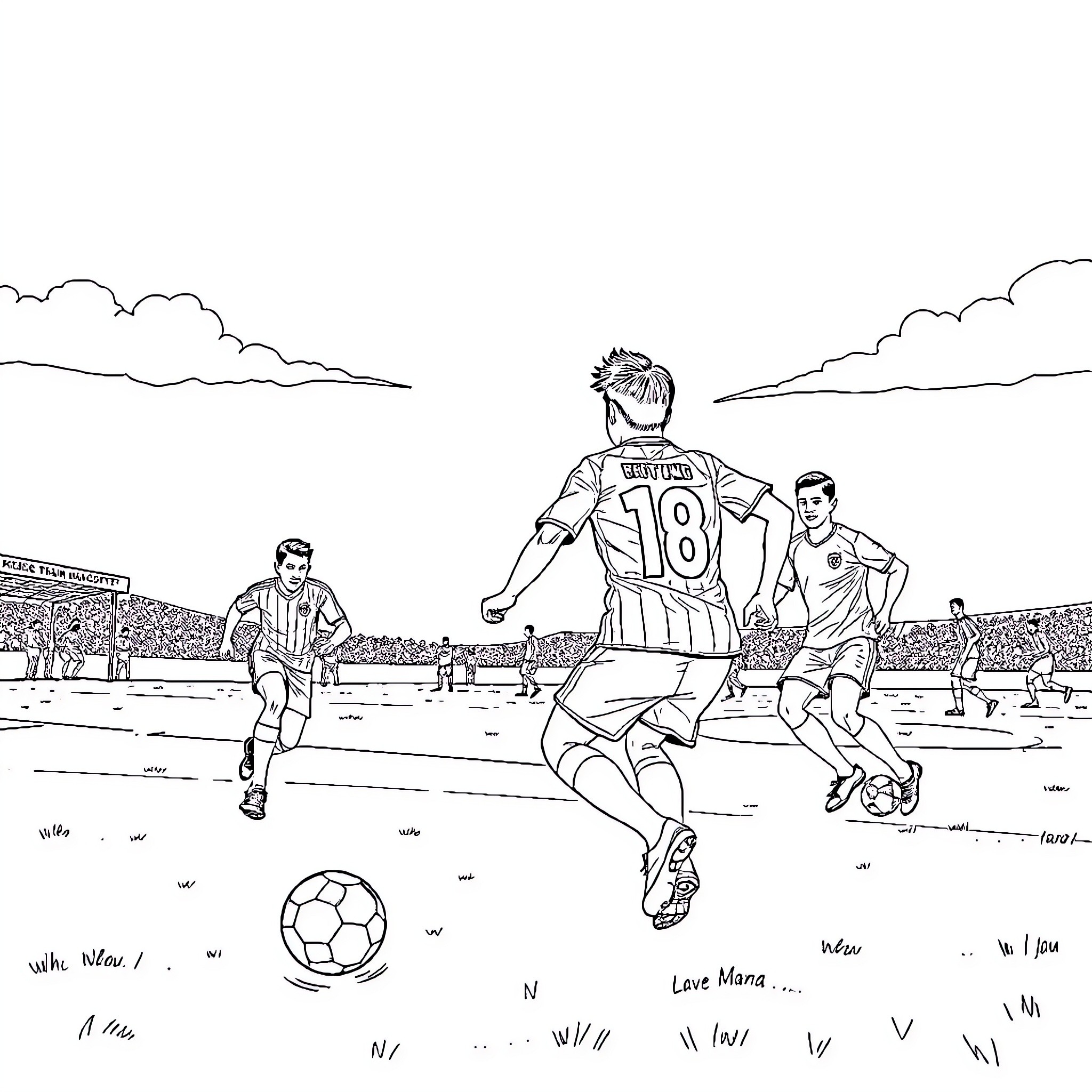 NU Soccer Match on Field with Players Coloring Page (free black-and-white line drawing printable PDF for all, from beginners to advanced learners, including children, teens, adults, and seniors)