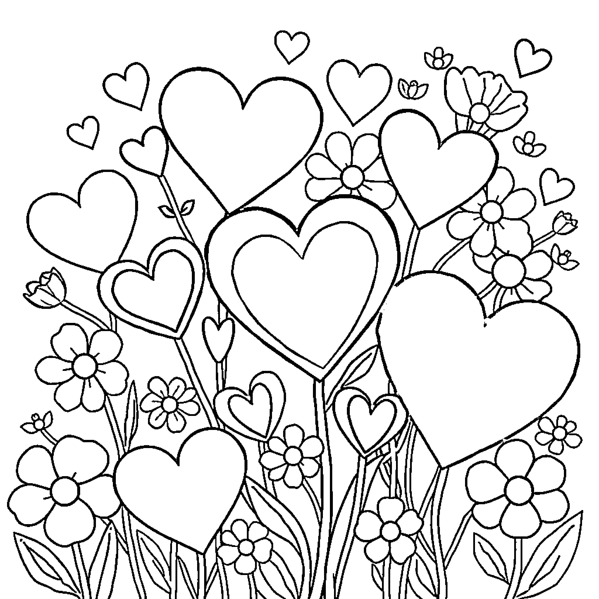 Heart-shaped flowers and patterns in a garden Coloring Page (free black-and-white line drawing printable PDF for all, from beginners to advanced learners, including children, teens, adults, and seniors)