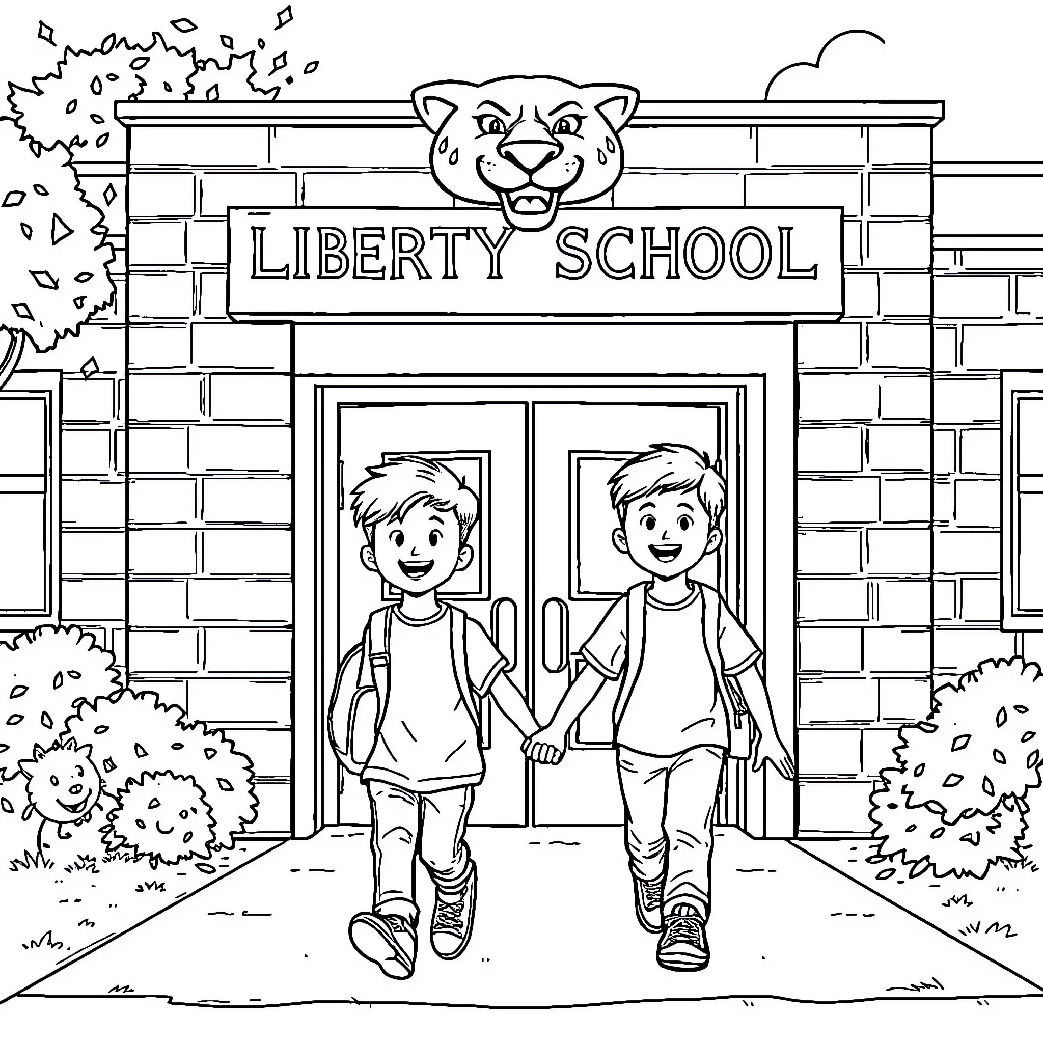 Boy students walking into Liberty School Coloring Page (free black-and-white line drawing printable PDF for all, from beginners to advanced learners, including children, teens, adults, and seniors)