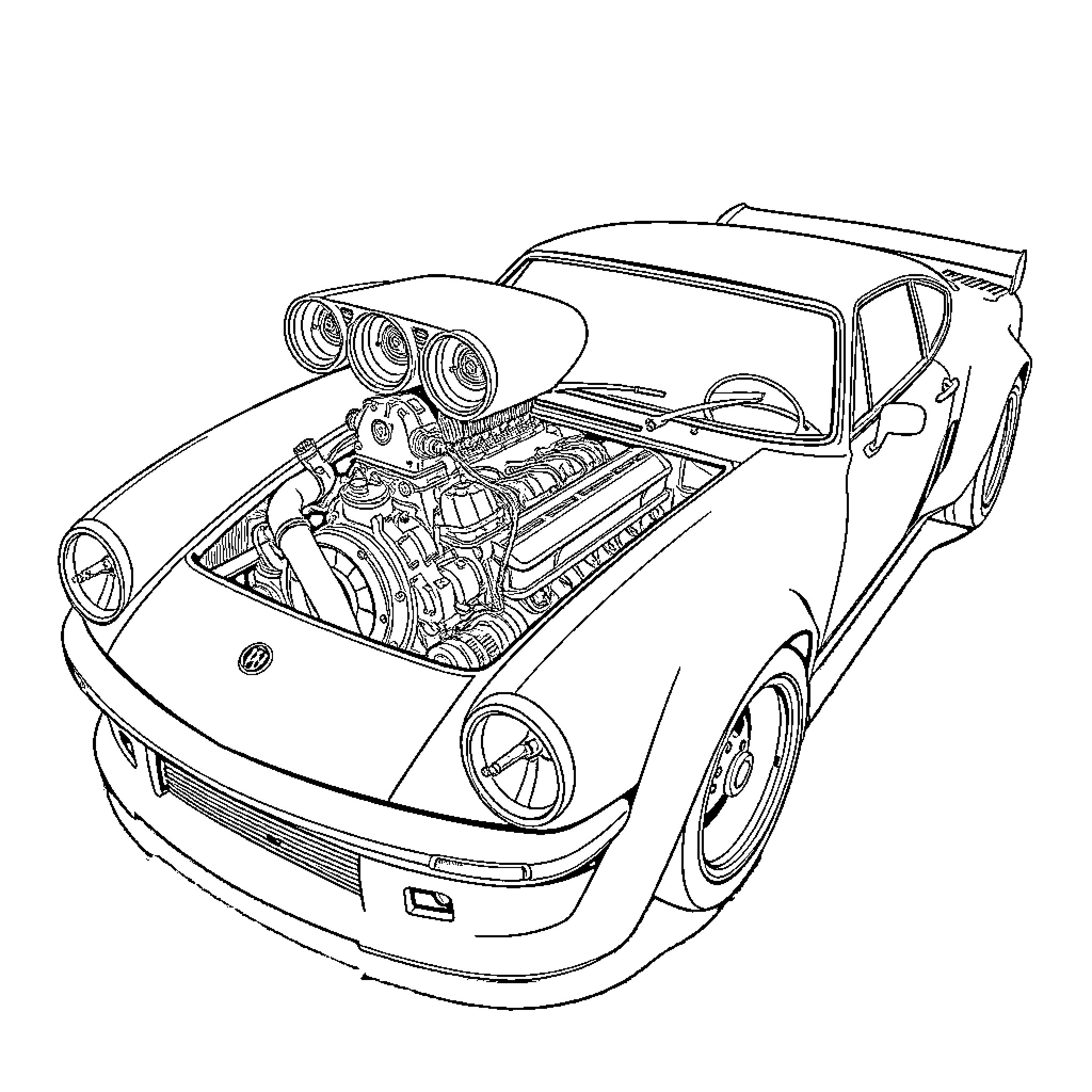 Engine of a Powerful Sports Car Coloring Page (free black-and-white line drawing printable PDF for all, from beginners to advanced learners, including children, teens, adults, and seniors)