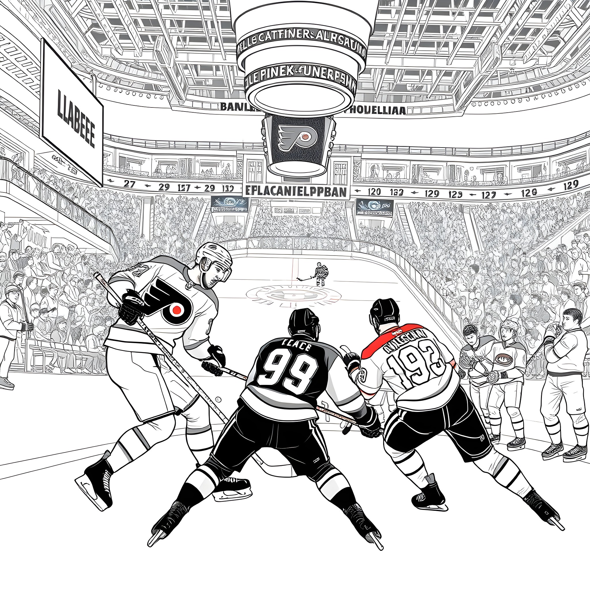 Hockey players in intense match on the ice rink Coloring Page (free black-and-white line drawing printable PDF for all, from beginners to advanced learners, including children, teens, adults, and seniors)