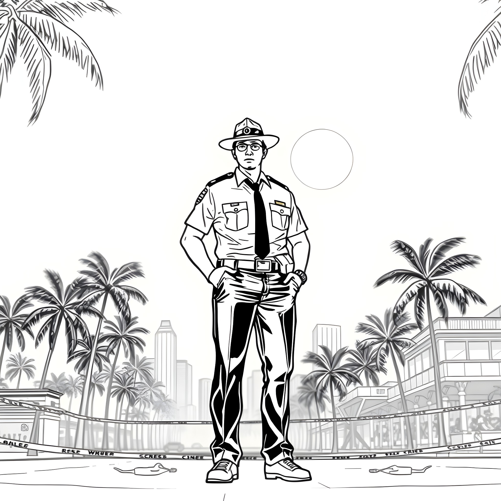 Detective standing confidently in tropical setting Coloring Page (free black-and-white line drawing printable PDF for all, from beginners to advanced learners, including children, teens, adults, and seniors)