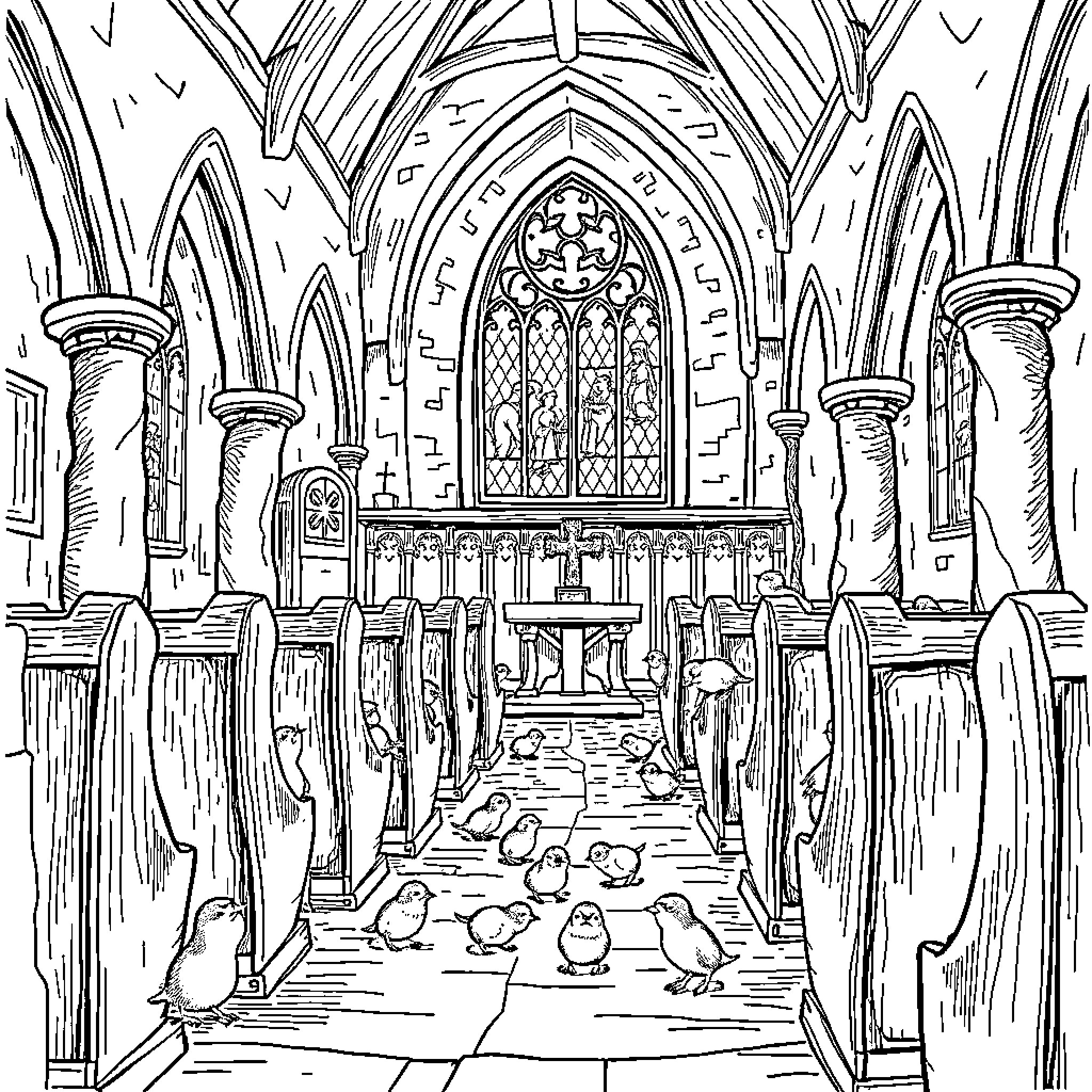 Lemming congregation in a gothic cathedral Coloring Page (free black-and-white line drawing printable PDF for all, from beginners to advanced learners, including children, teens, adults, and seniors)