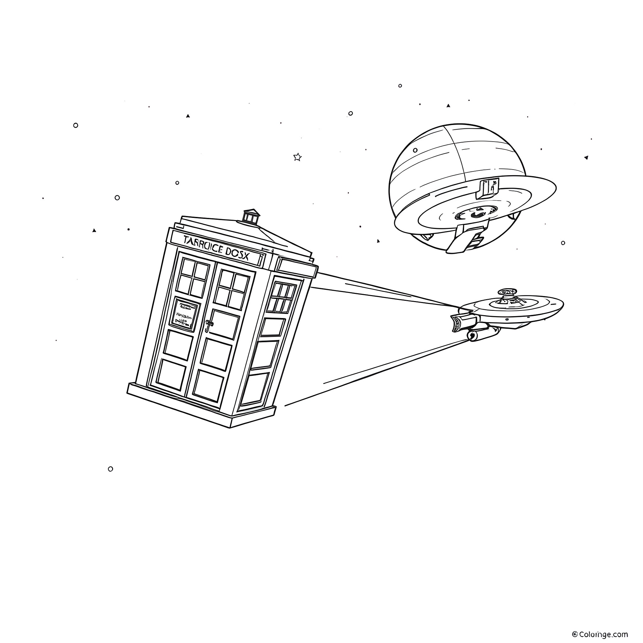 TARDIS soaring through the stars with a UFO Coloring Page (free black-and-white line drawing printable PDF for all, from beginners to advanced learners, including children, teens, adults, and seniors)