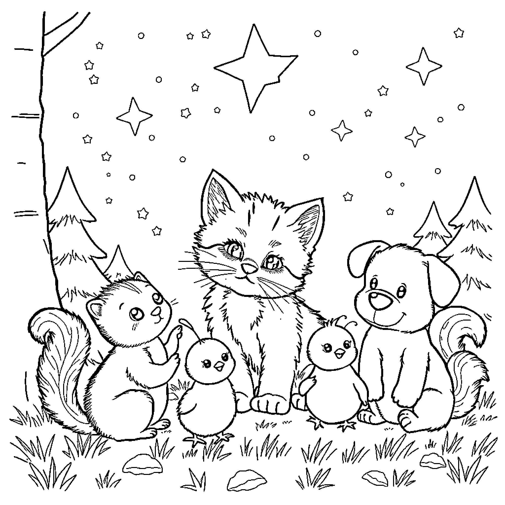 Kittens and woodland animals in starry night Coloring Page (free black-and-white line drawing printable PDF for all, from beginners to advanced learners, including children, teens, adults, and seniors)