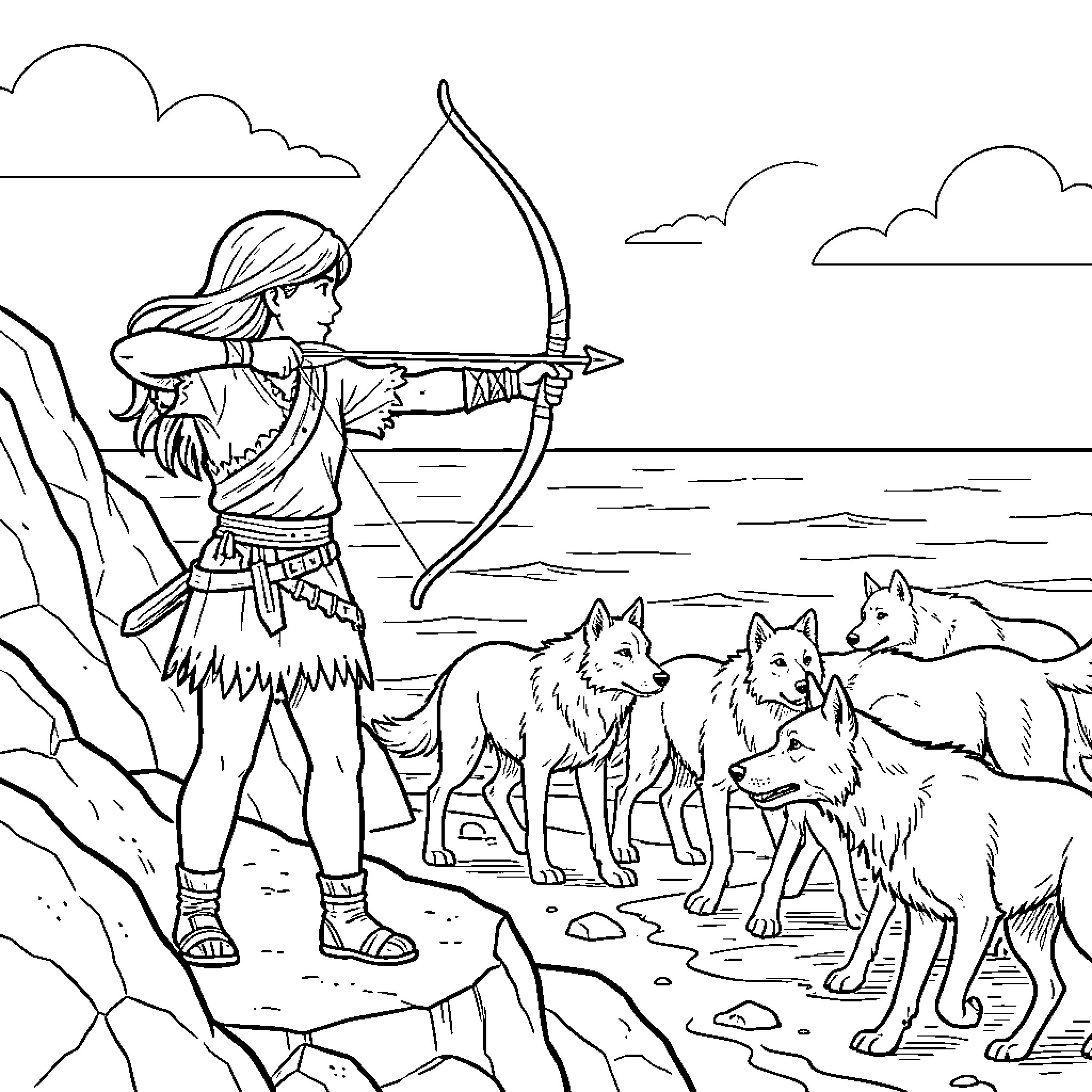 Karana aiming a bow and arrow near wolves Coloring Page (free black-and-white line drawing printable PDF for all, from beginners to advanced learners, including children, teens, adults, and seniors)