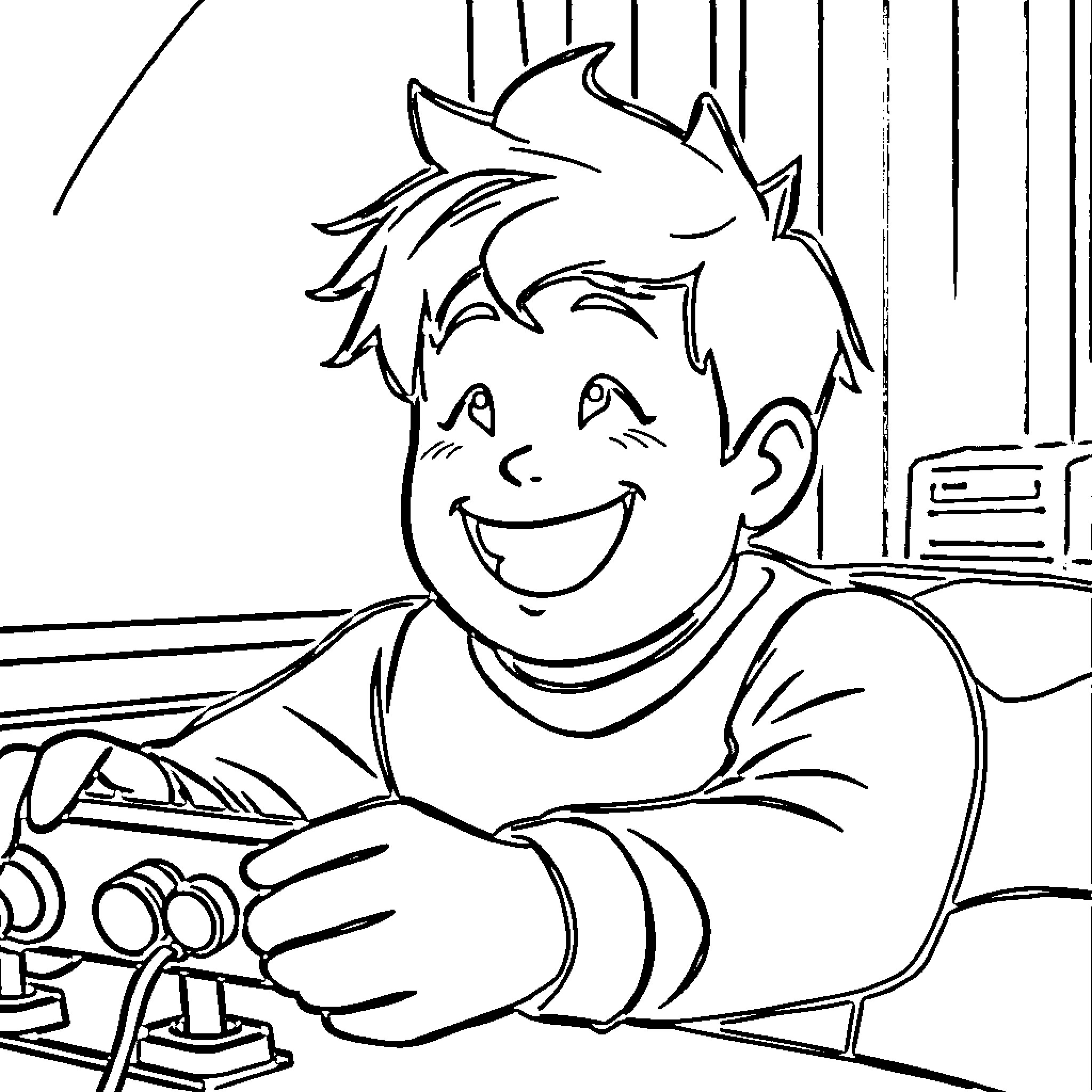 Ian playing joyfully with video game controller Coloring Page (free black-and-white line drawing printable PDF for all, from beginners to advanced learners, including children, teens, adults, and seniors)