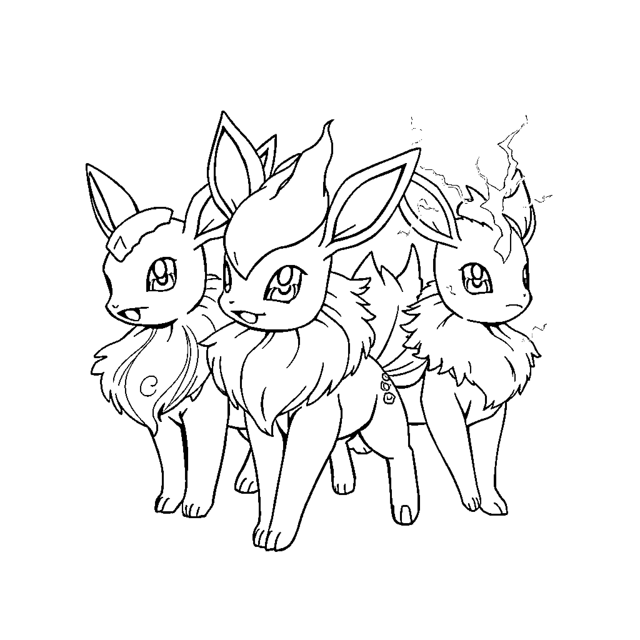 Eevee Evolutions Trio Standing Together Coloring Page (free black-and-white line drawing printable PDF for all, from beginners to advanced learners, including children, teens, adults, and seniors)