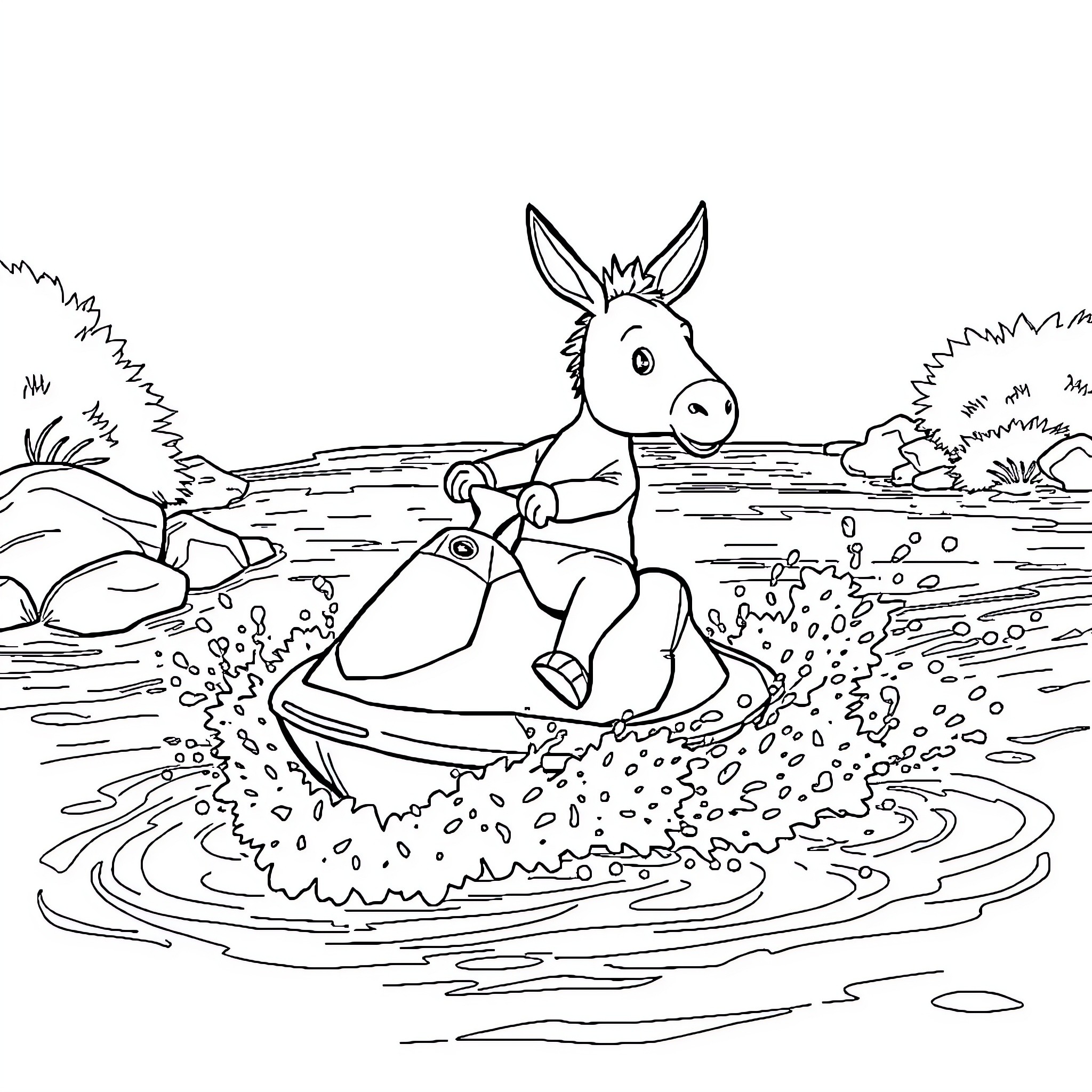 Donkey splashing and frolicking in the pond Coloring Page (free black-and-white line drawing printable PDF for all, from beginners to advanced learners, including children, teens, adults, and seniors)