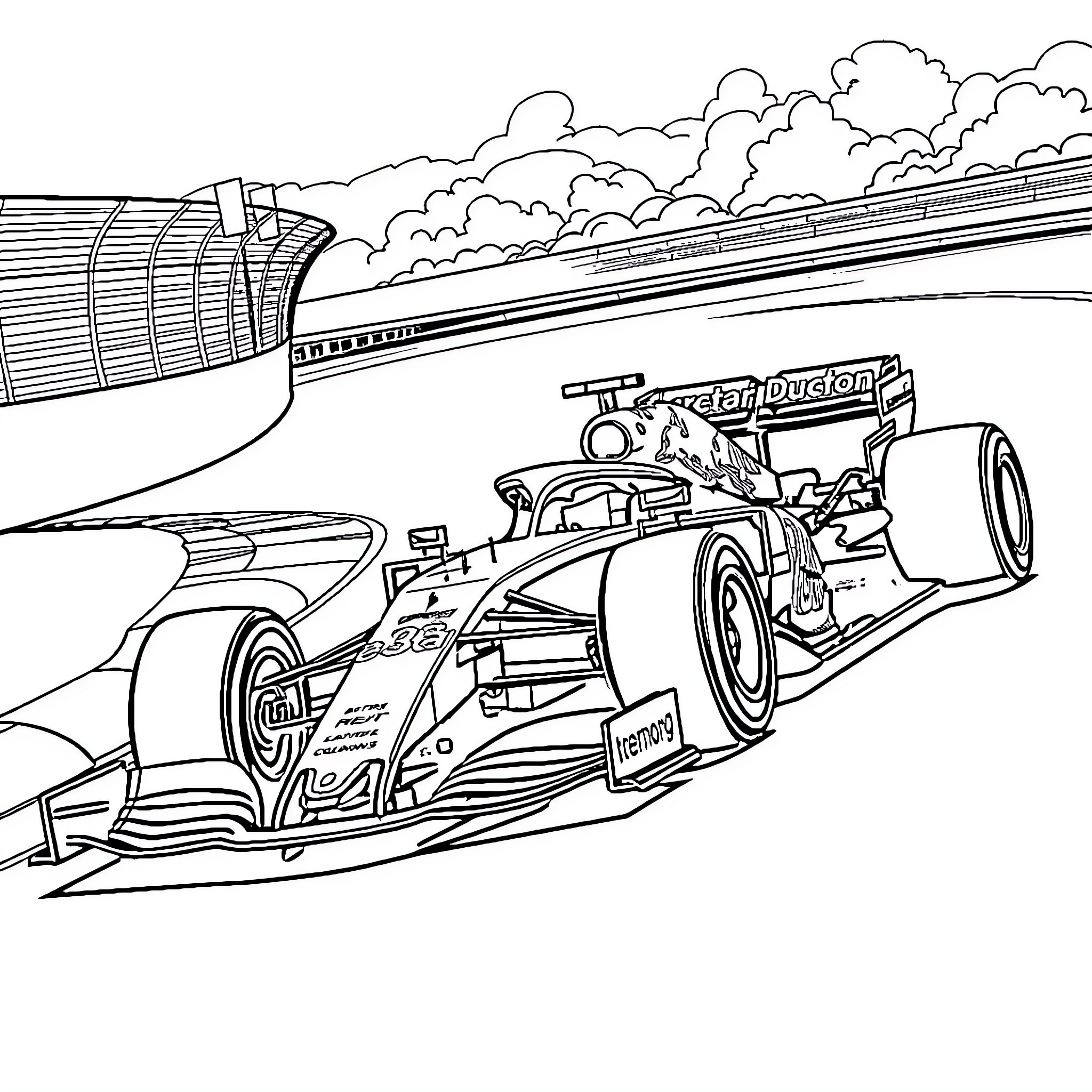 Red Bull F1 Car speeding on the racetrack Coloring Page (free black-and-white line drawing printable PDF for all, from beginners to advanced learners, including children, teens, adults, and seniors)