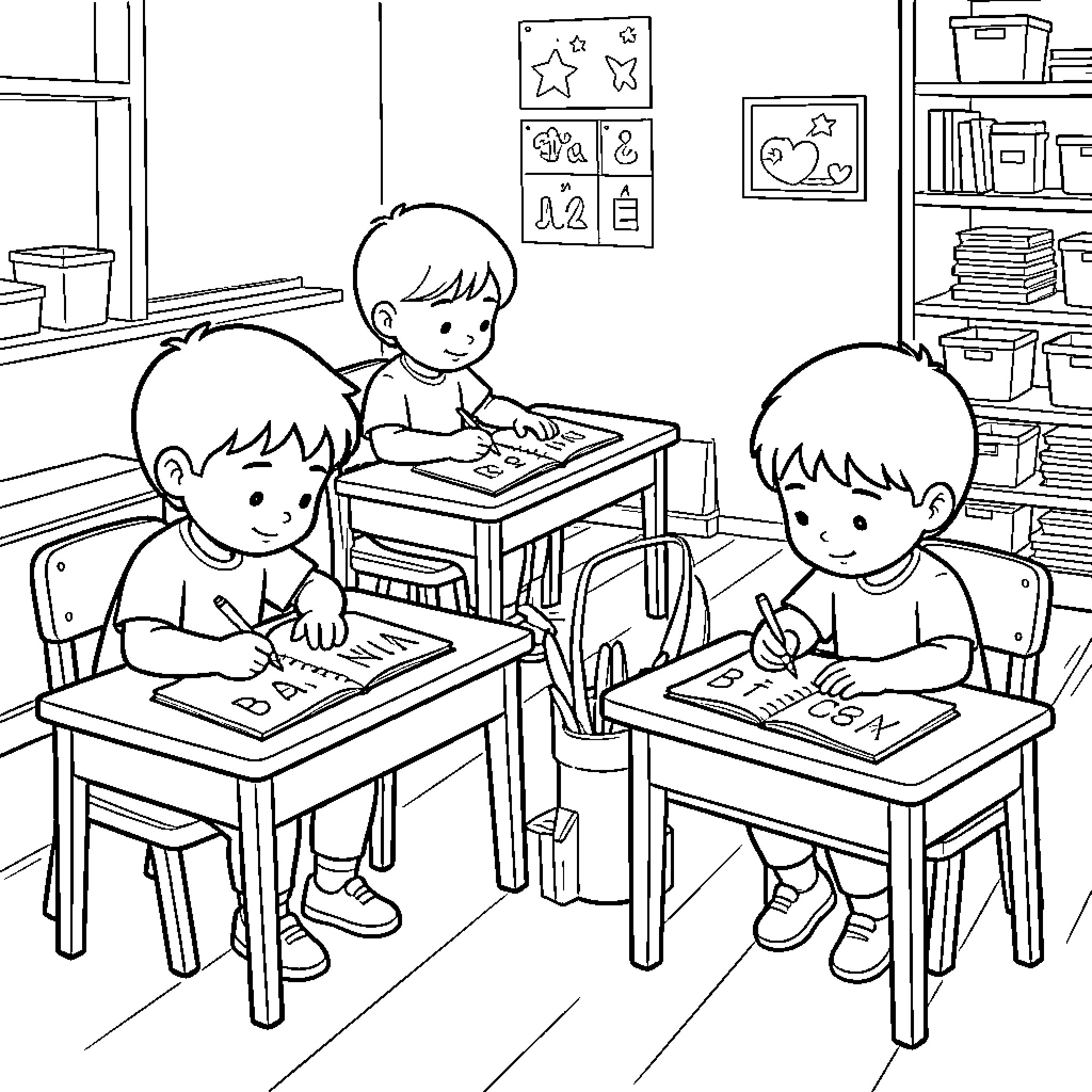 Niño studying and writing in a classroom setting Coloring Page (free black-and-white line drawing printable PDF for all, from beginners to advanced learners, including children, teens, adults, and seniors)