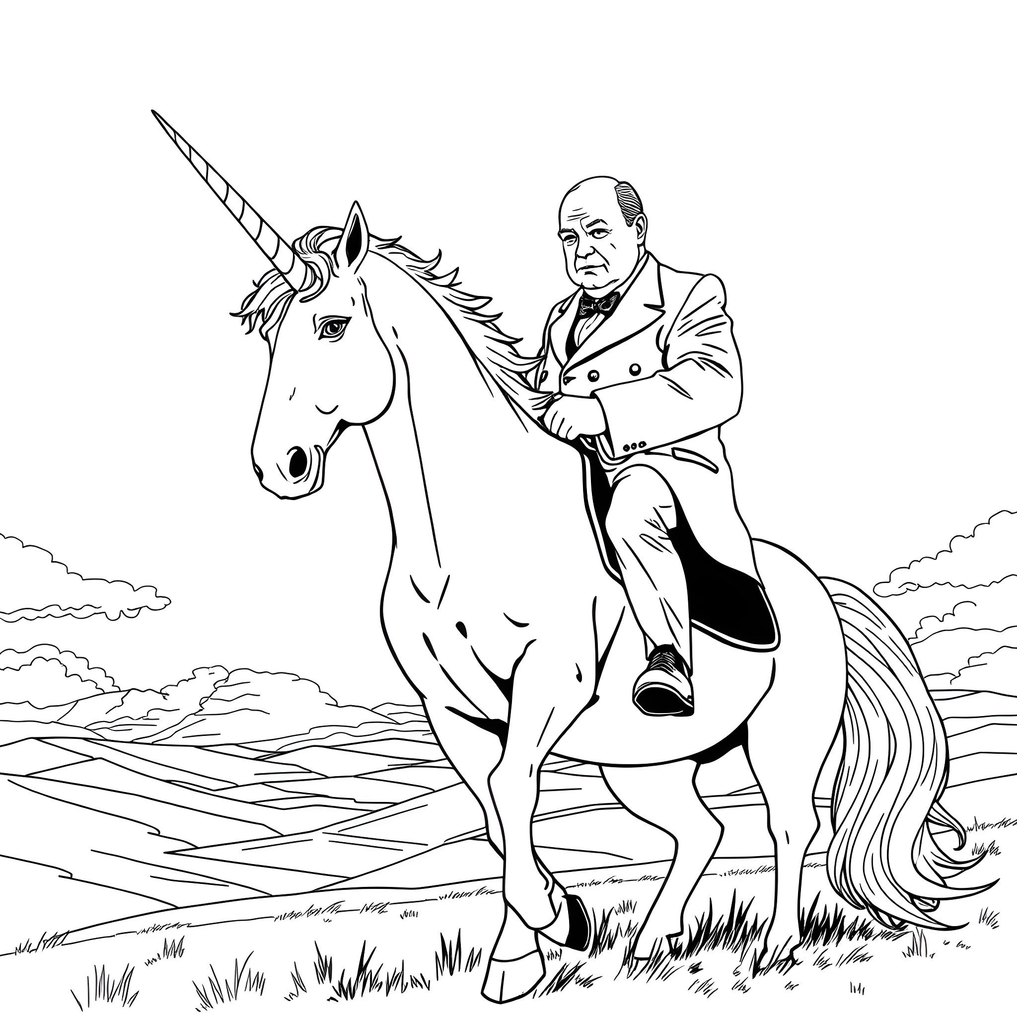 Winston Churchill riding a unicorn in a field Coloring Page (free black-and-white line drawing printable PDF for all, from beginners to advanced learners, including children, teens, adults, and seniors)