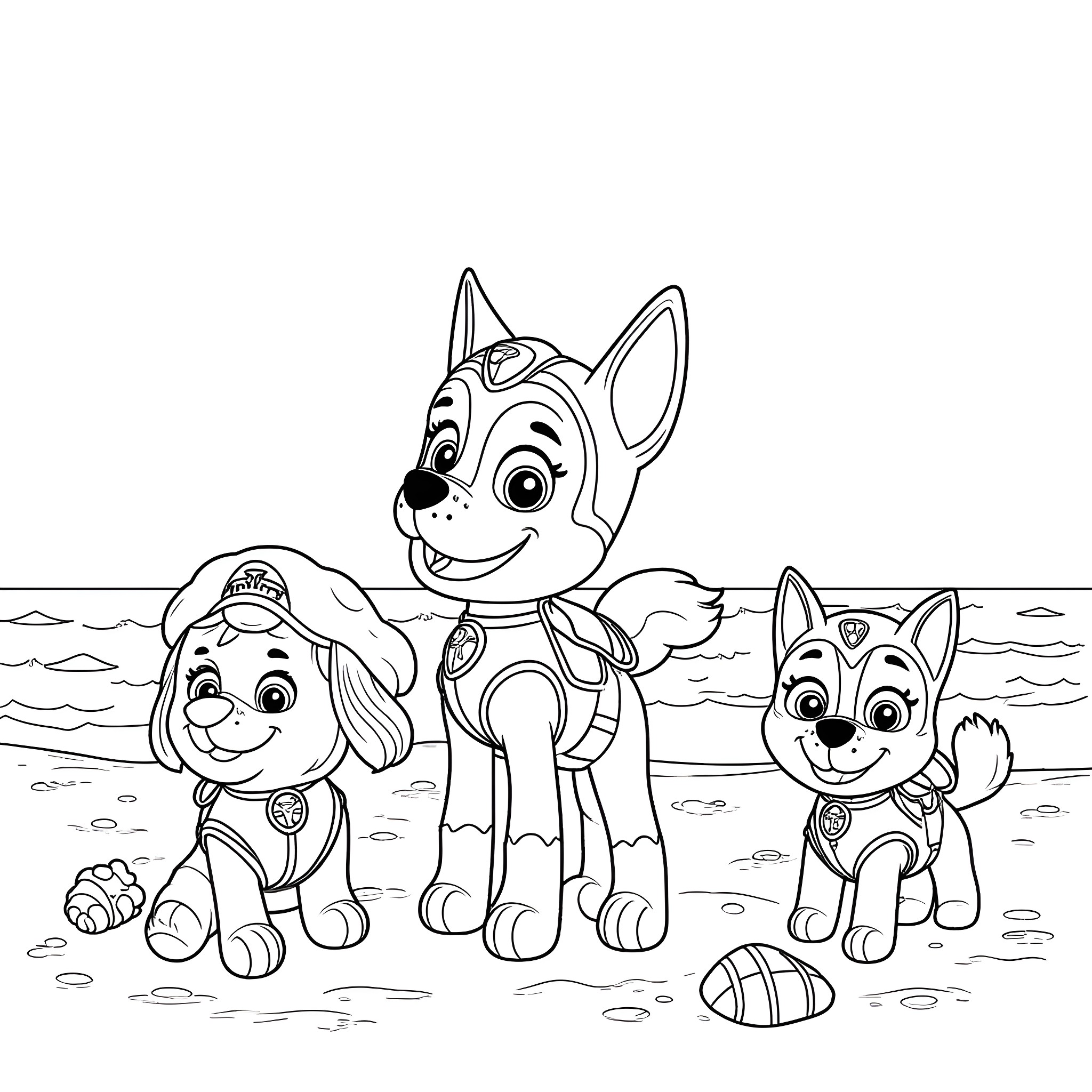 Paw Patrol pups in action on the beach Coloring Page (free black-and-white line drawing printable PDF for all, from beginners to advanced learners, including children, teens, adults, and seniors)