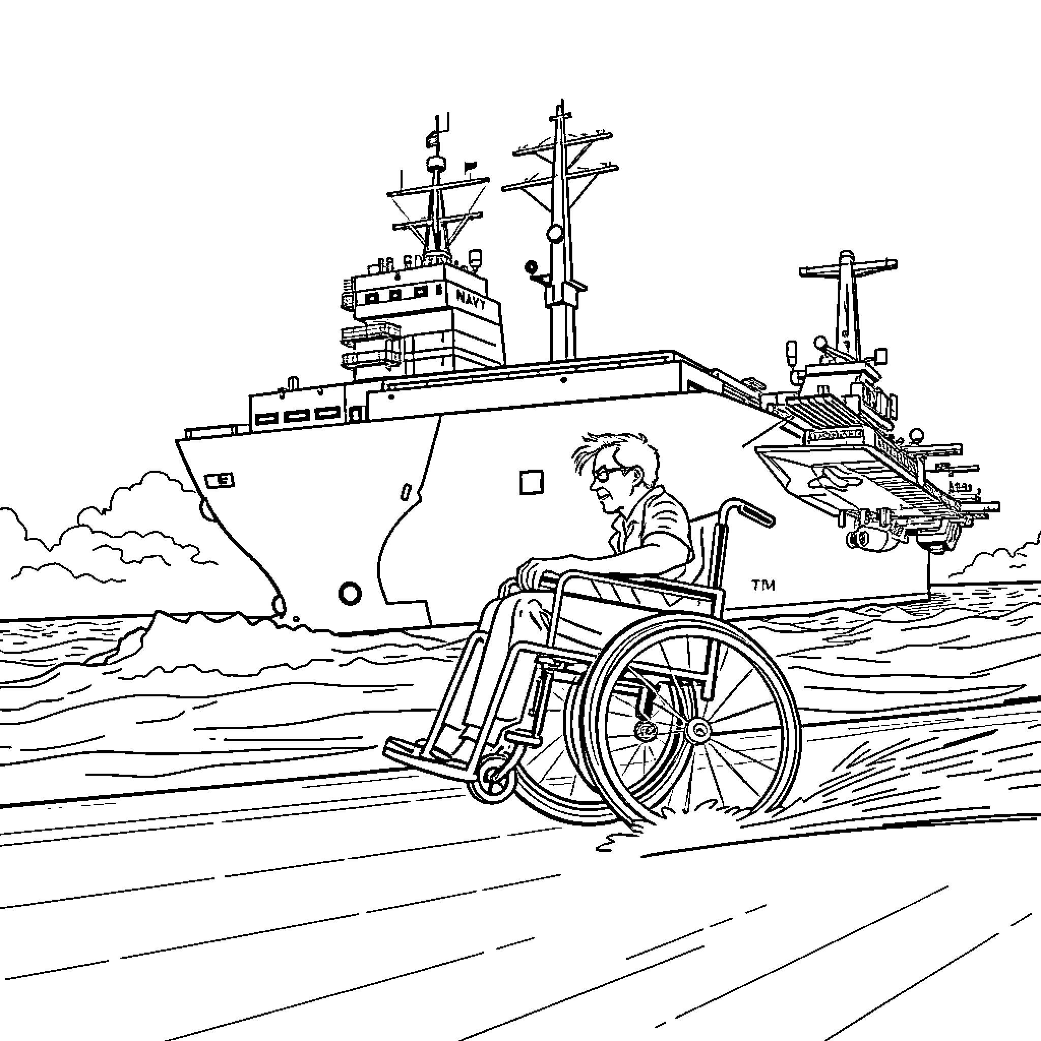 Steven Hawkins in Wheelchair Overlooking Naval Vessel Coloring Page (free black-and-white line drawing printable PDF for all, from beginners to advanced learners, including children, teens, adults, and seniors)