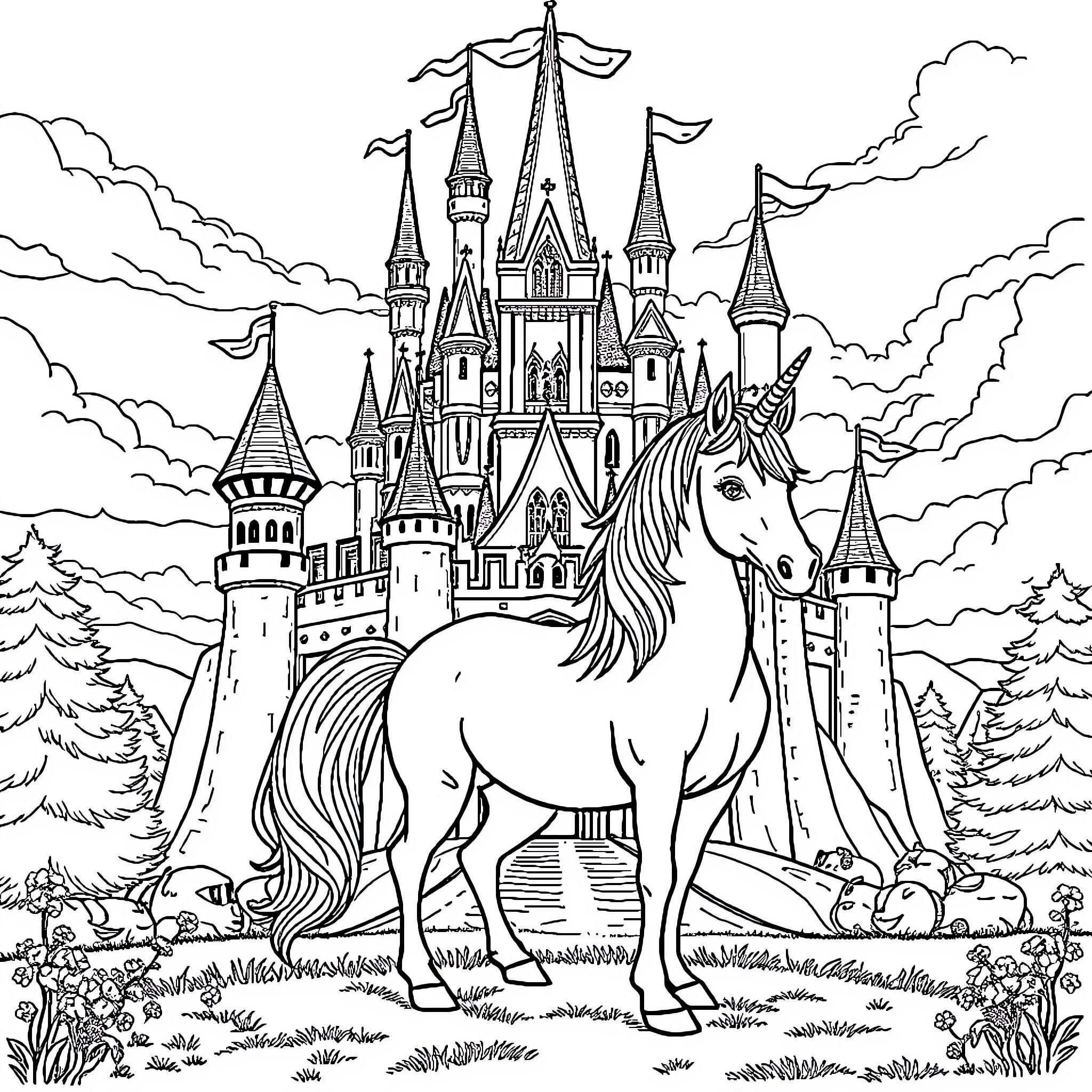 Unicorn standing regally in enchanted castle landscape Coloring Page (free black-and-white line drawing printable PDF for all, from beginners to advanced learners, including children, teens, adults, and seniors)
