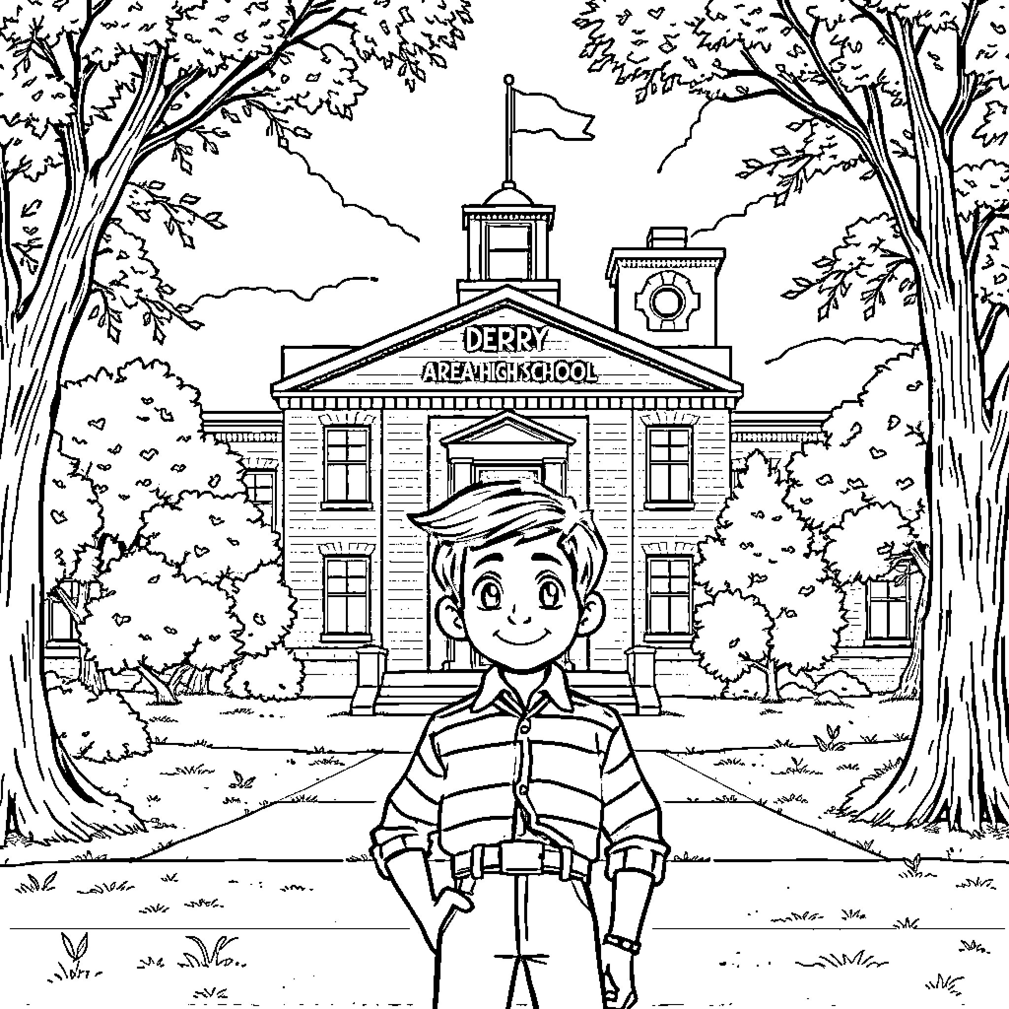 Jack Kelly standing outside Derby Academy Coloring Page (free black-and-white line drawing printable PDF for all, from beginners to advanced learners, including children, teens, adults, and seniors)