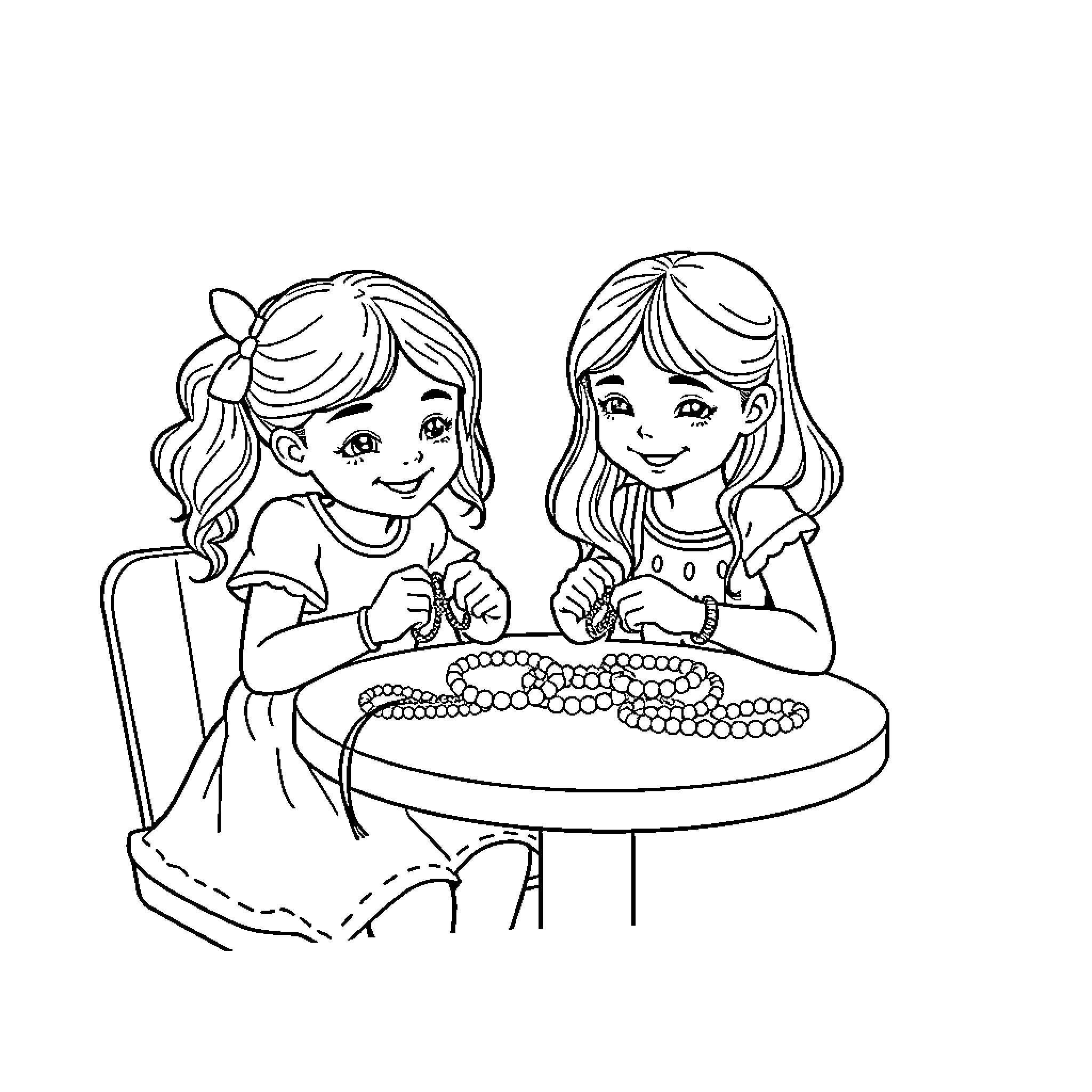 Girls Crafting Handmade Jewelry Together Coloring Page (free black-and-white line drawing printable PDF for all, from beginners to advanced learners, including children, teens, adults, and seniors)
