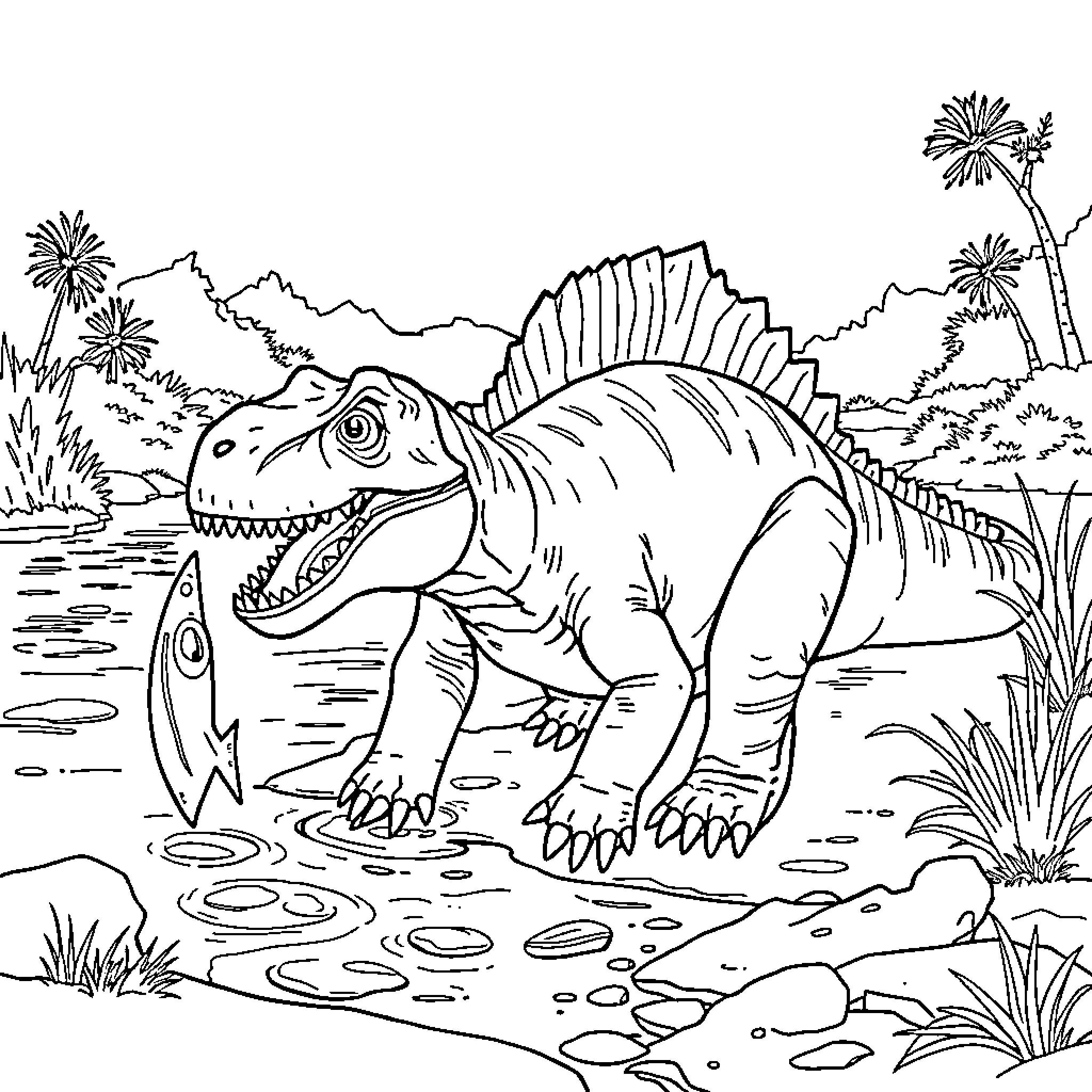 Spinosaurus in a prehistoric landscape Coloring Page (free black-and-white line drawing printable PDF for all, from beginners to advanced learners, including children, teens, adults, and seniors)