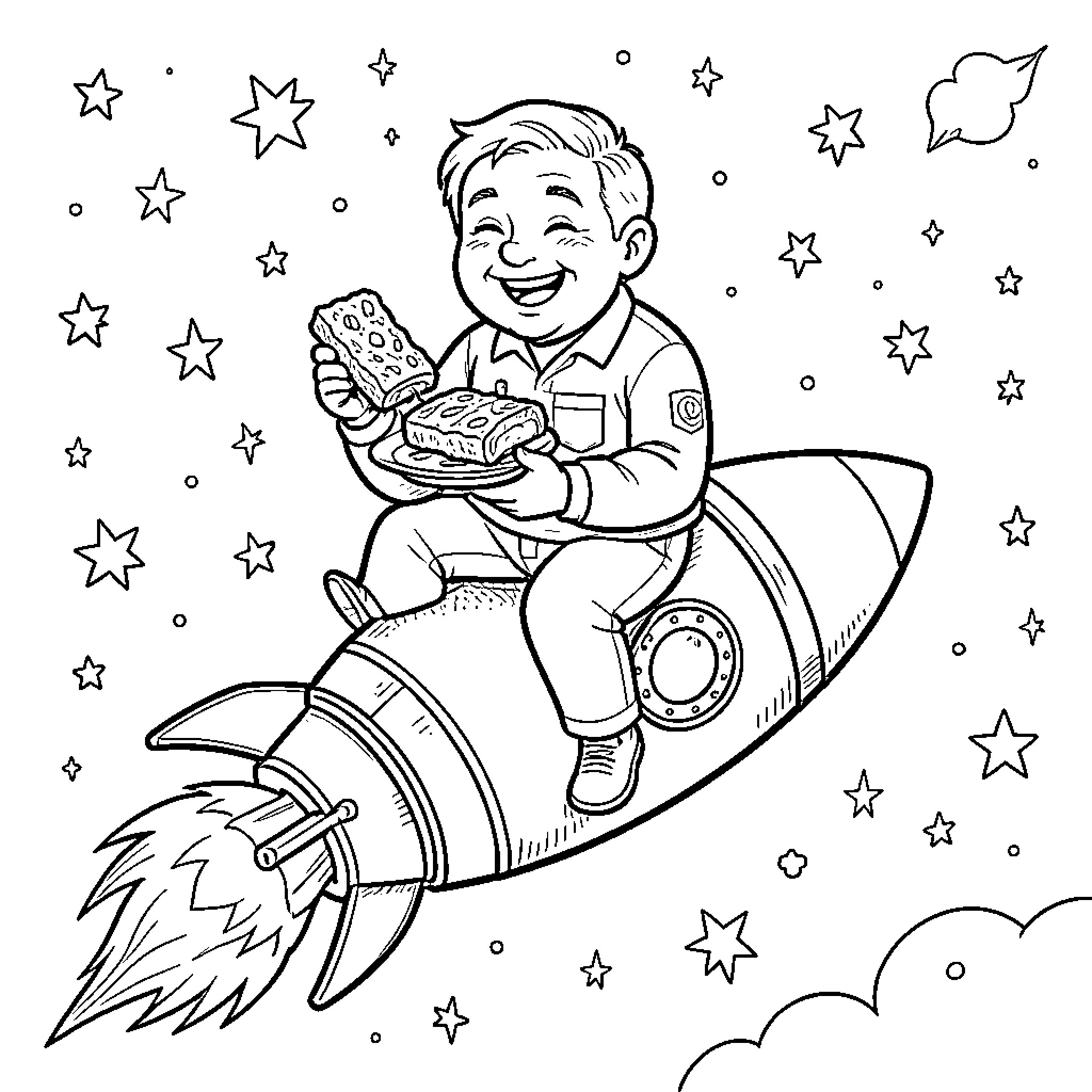 Mr. Dugdale's Cosmic Adventure with Tasty Treats Coloring Page (free black-and-white line drawing printable PDF for all, from beginners to advanced learners, including children, teens, adults, and seniors)
