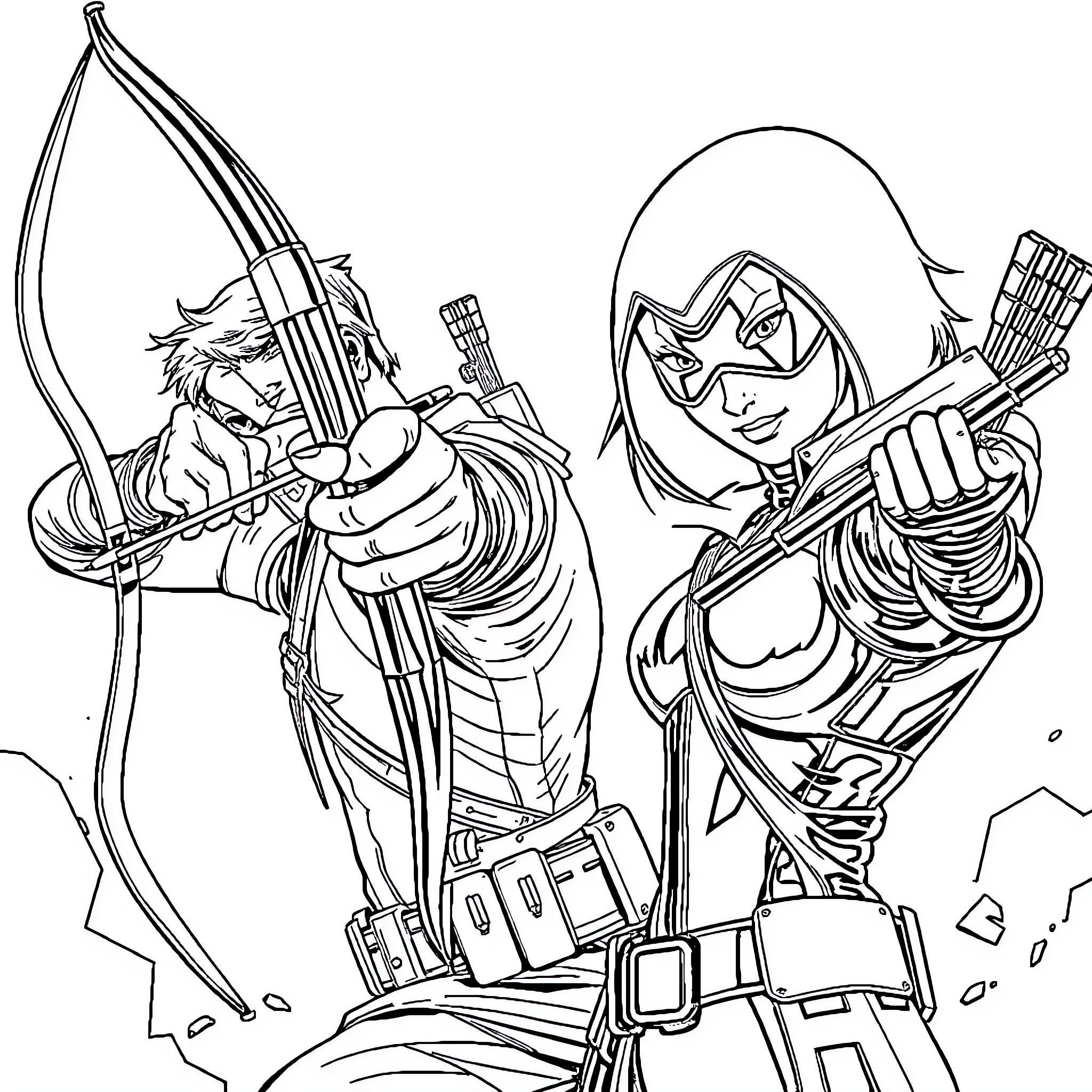 Hawkeye and Archer in Intense Battle Stance Coloring Page (free black-and-white line drawing printable PDF for all, from beginners to advanced learners, including children, teens, adults, and seniors)