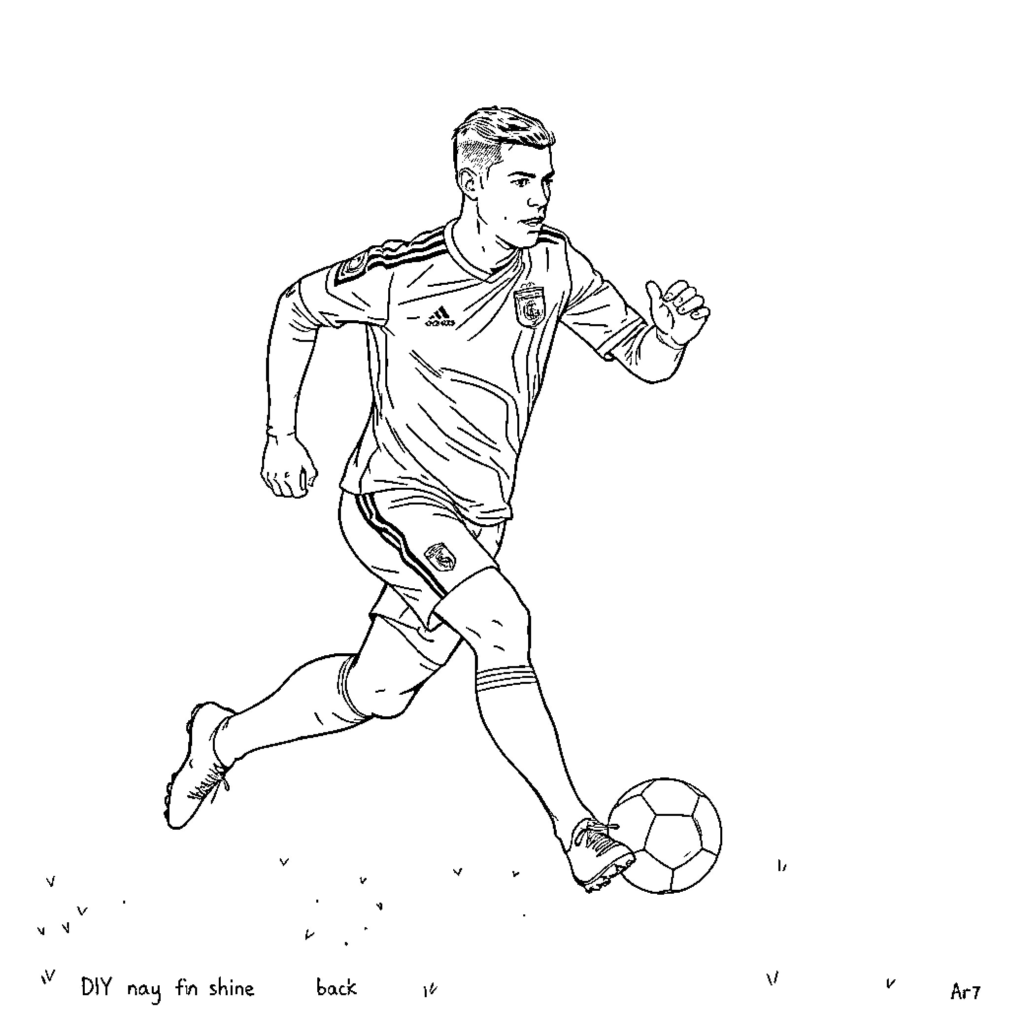 Cristiano Ronaldo playing soccer with determination Coloring Page (free black-and-white line drawing printable PDF for all, from beginners to advanced learners, including children, teens, adults, and seniors)