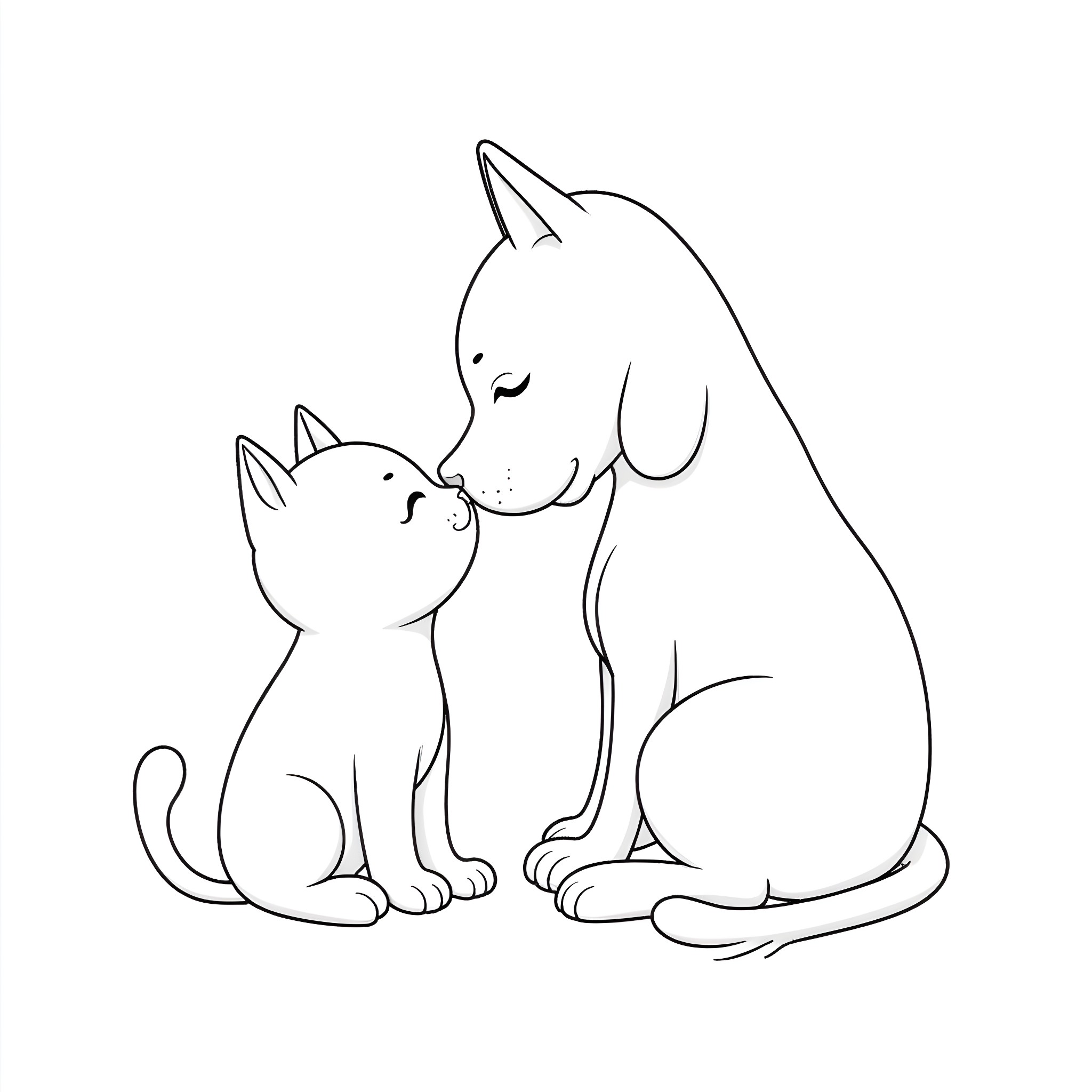 Cat and Dog sharing a tender moment Coloring Page (free black-and-white line drawing printable PDF for all, from beginners to advanced learners, including children, teens, adults, and seniors)